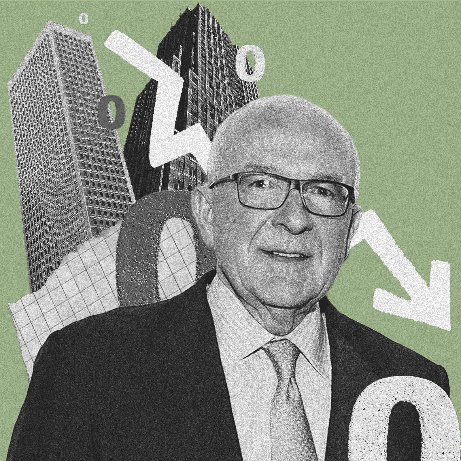 A photo illustration depicting a man, a building, against a green background