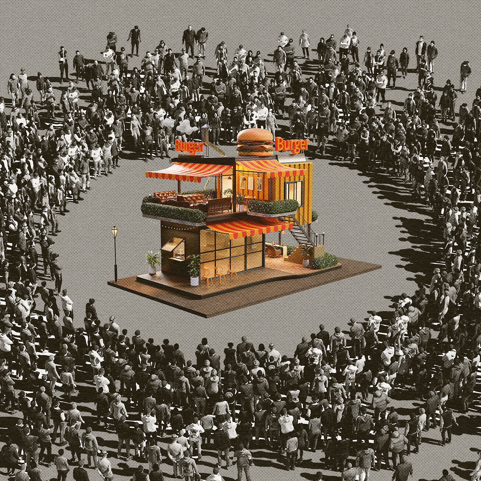 A crowd of people surrounding a restaurant