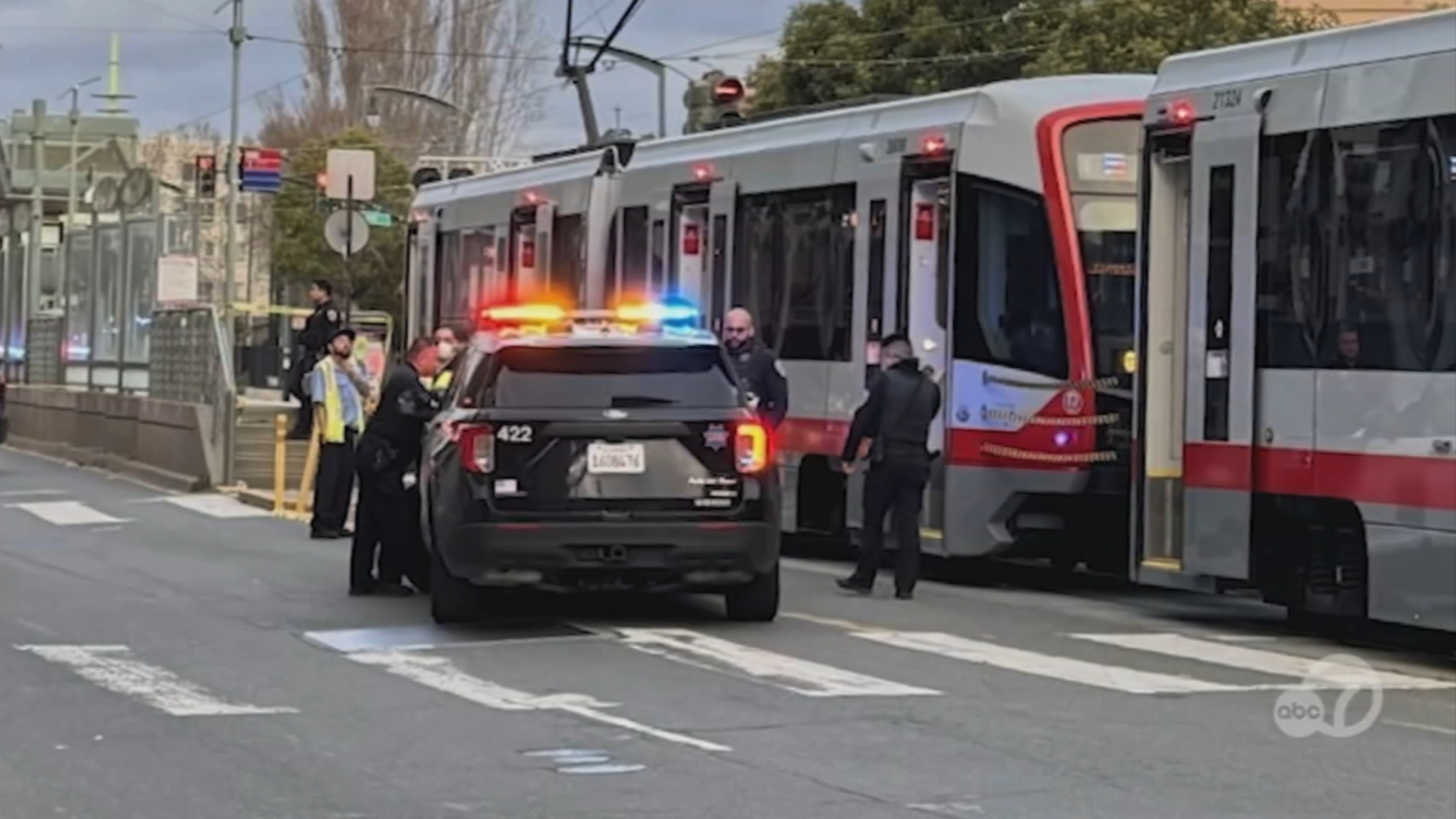 A police car with flashing lights is stopped beside a tram. Several officers are standing around, attending to a situation. It's a busy urban setting.