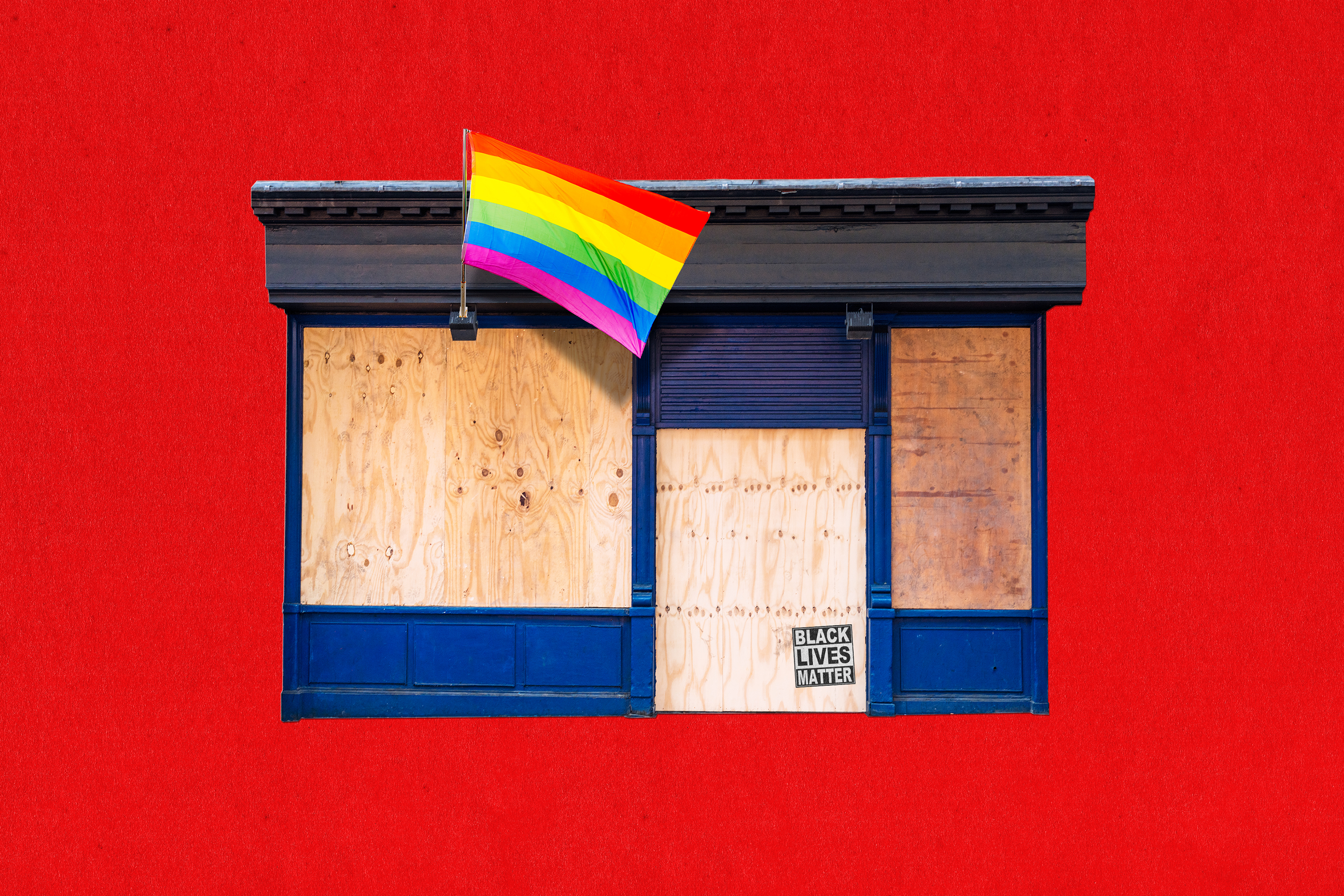 A photo illustration of a building with a rainbow flag and boarded up windows.