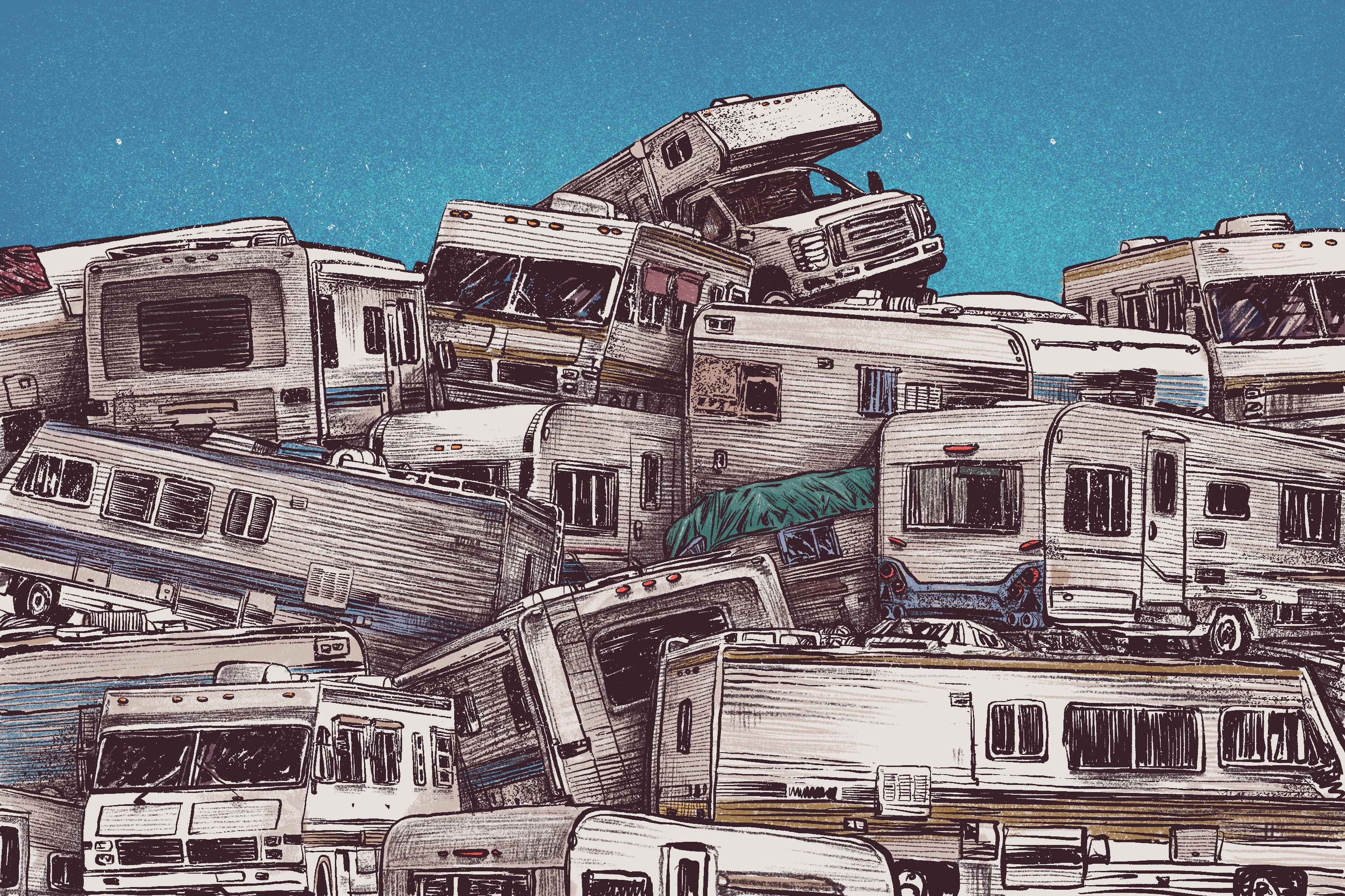 An illustration of a pile of RVs