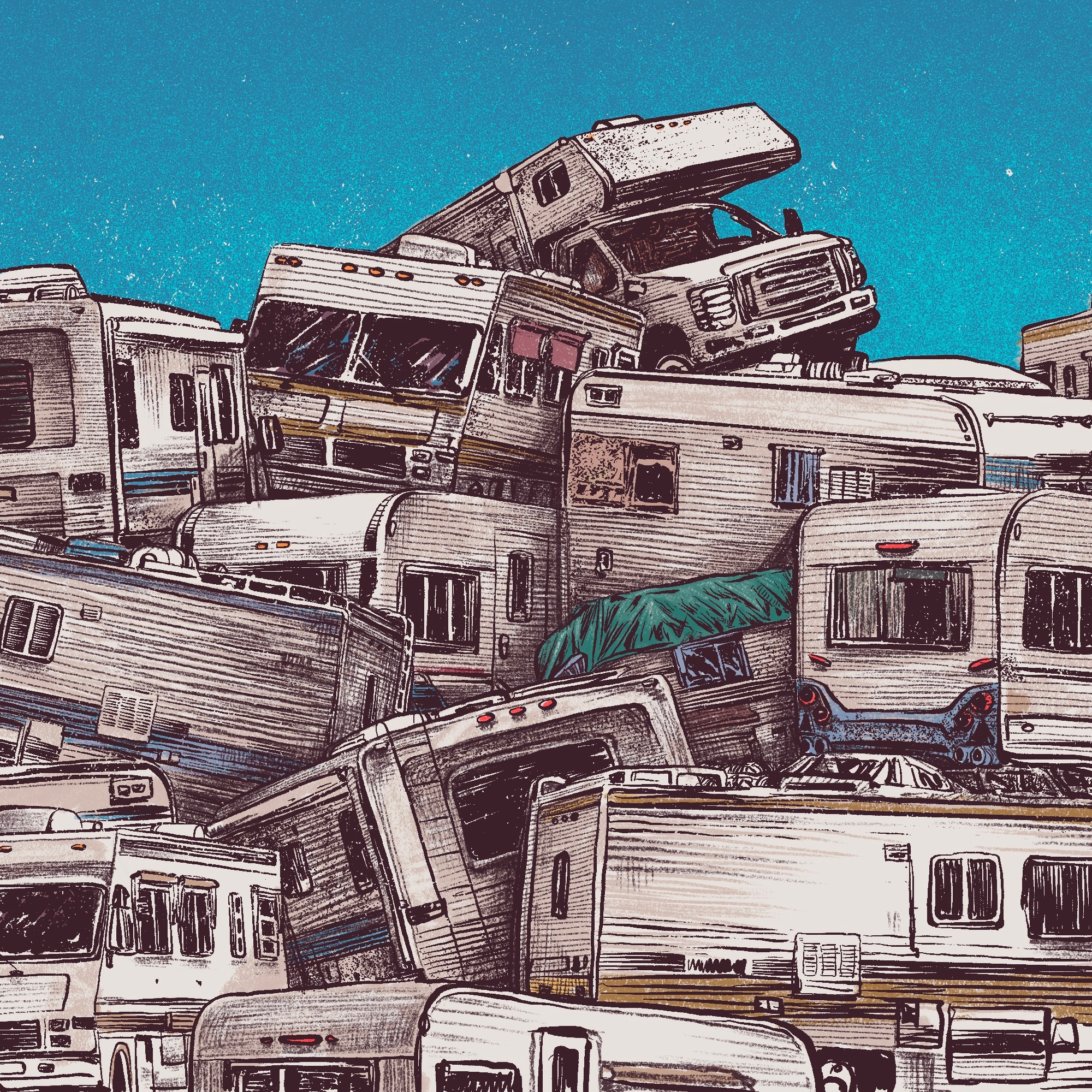 An illustration of a pile of RVs