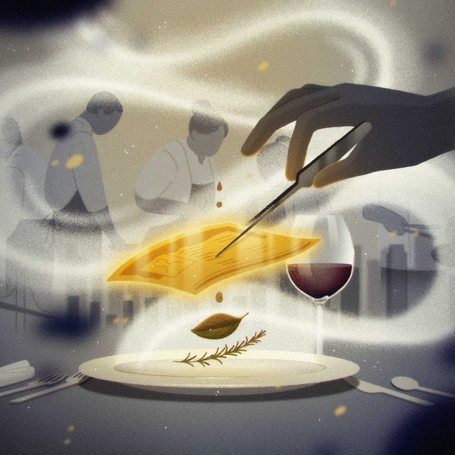 An illustration of chefs working in the background and a hand plating a piece of paper onto a plate