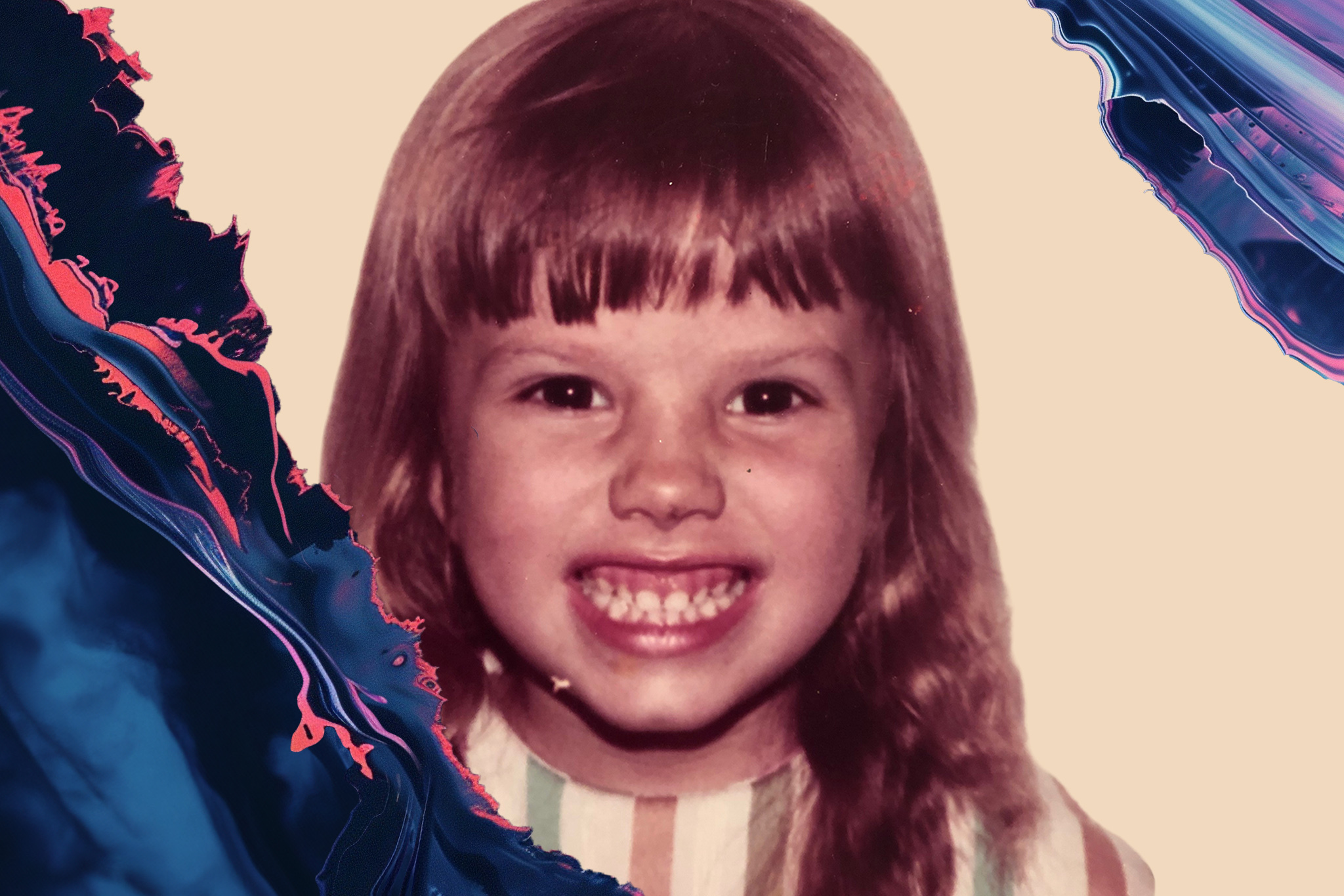 A young child smiles widely at the camera with straight bangs and long hair. The background features abstract, colorful swirls on both sides.