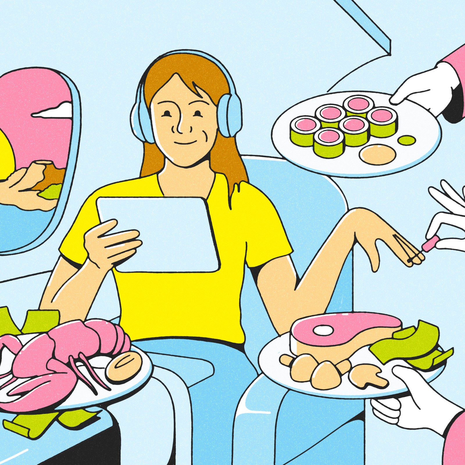 An illustration of a woman getting pampered on a plane