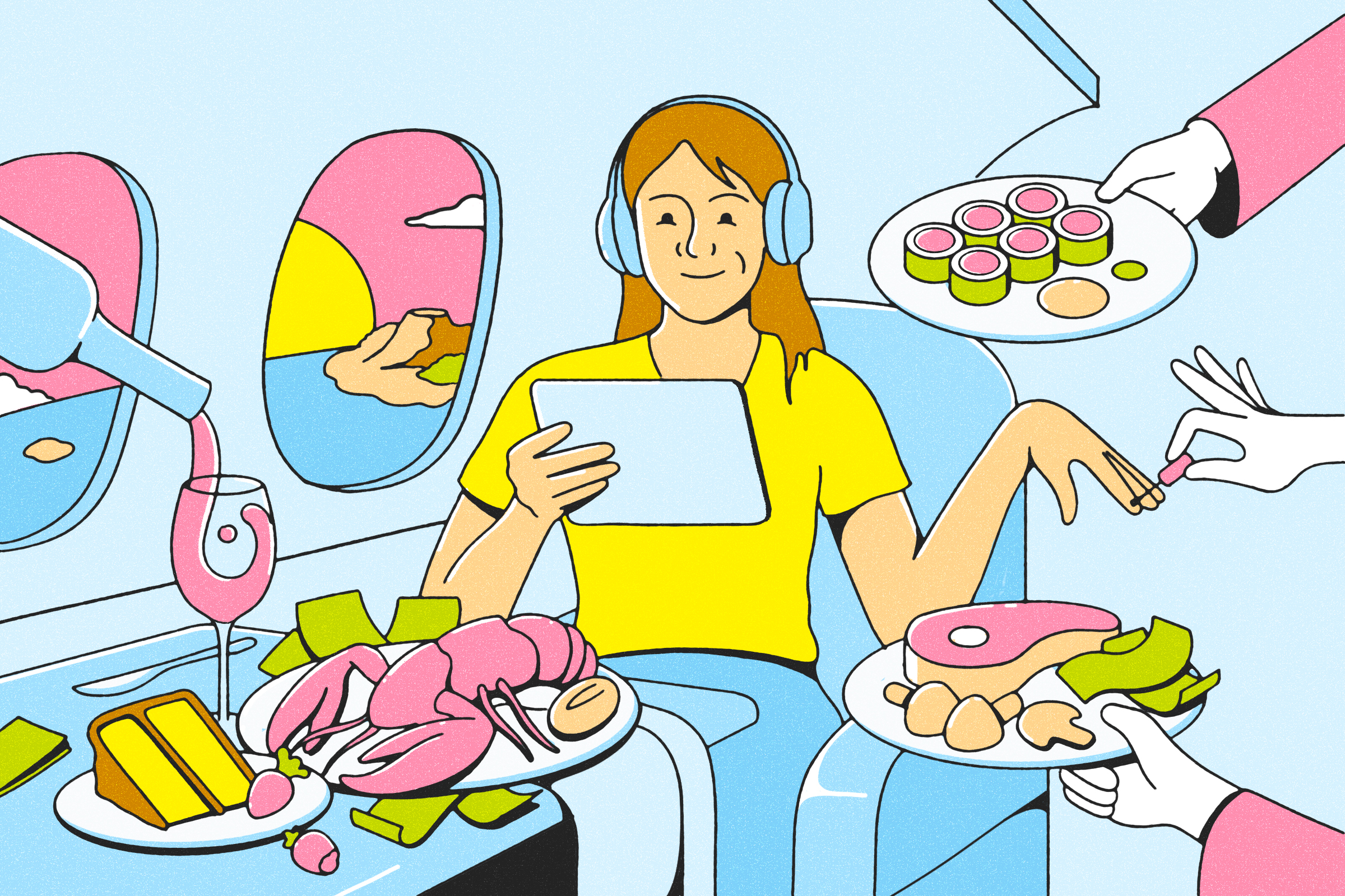 An illustration of a woman getting pampered on a plane