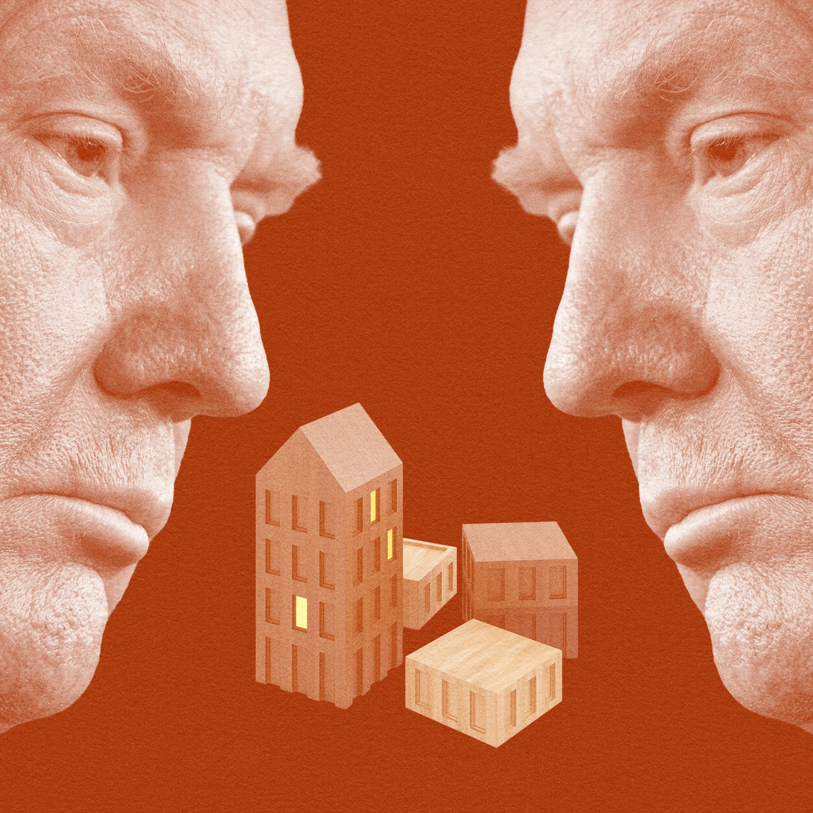 The image shows mirrored profiles of an older man facing small stylized buildings in the center, all in an orange tint.