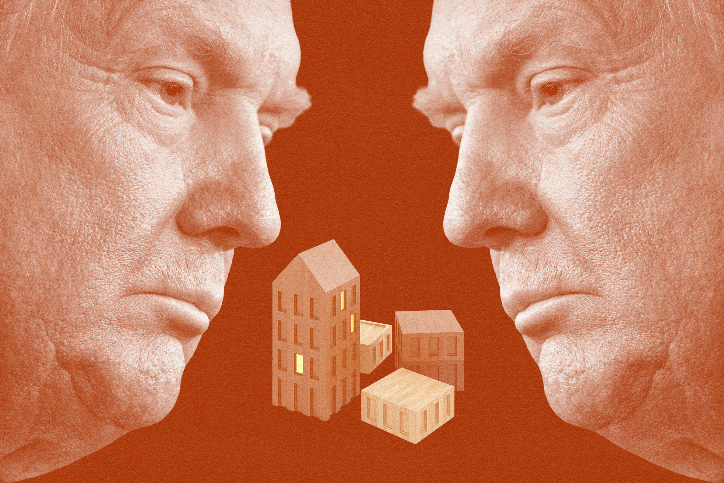 The image shows mirrored profiles of an older man facing small stylized buildings in the center, all in an orange tint.