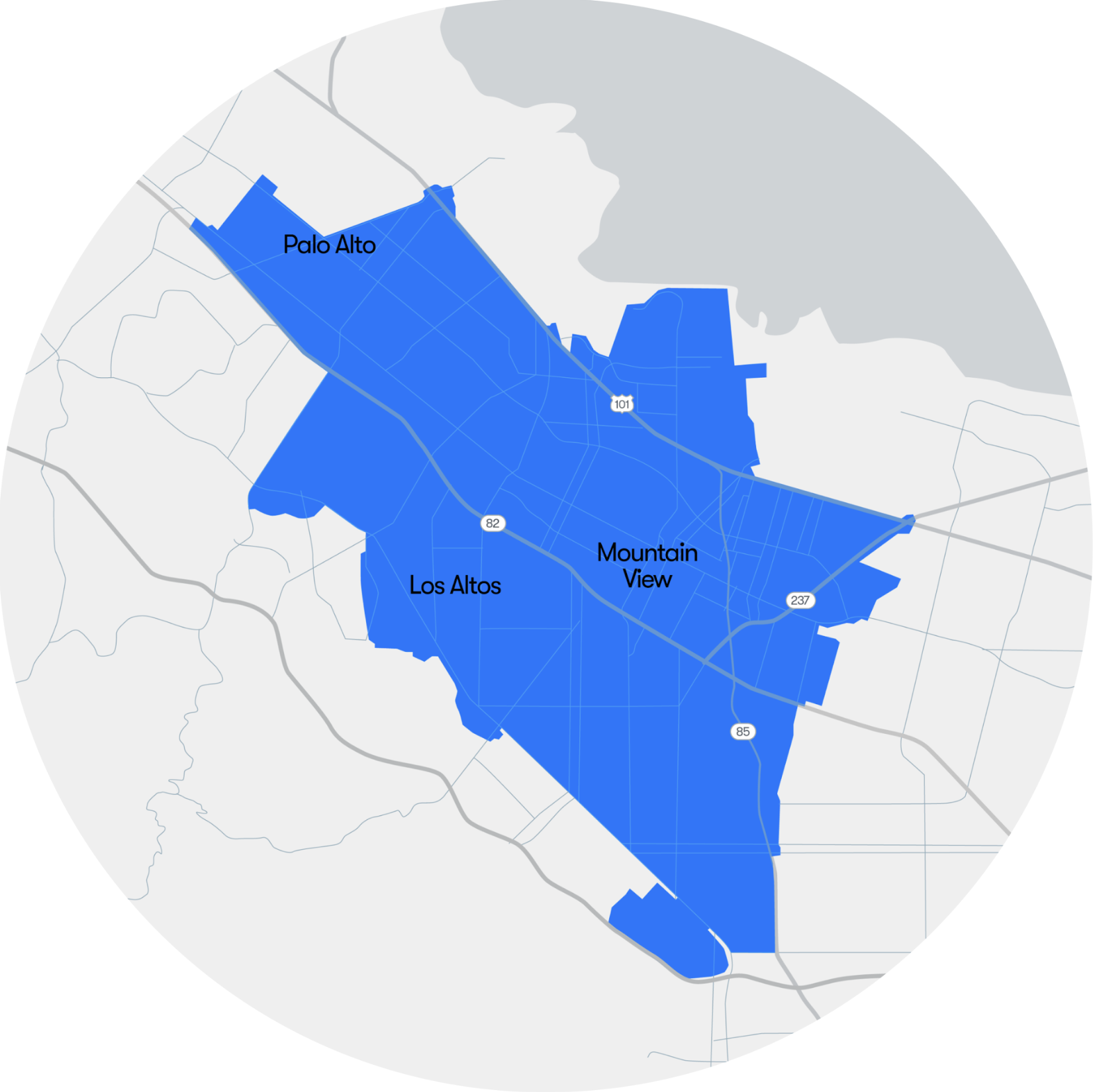 The image shows a map with Palo Alto, Los Altos, and Mountain View highlighted in blue, displaying main roads like 101, 85, and 237.