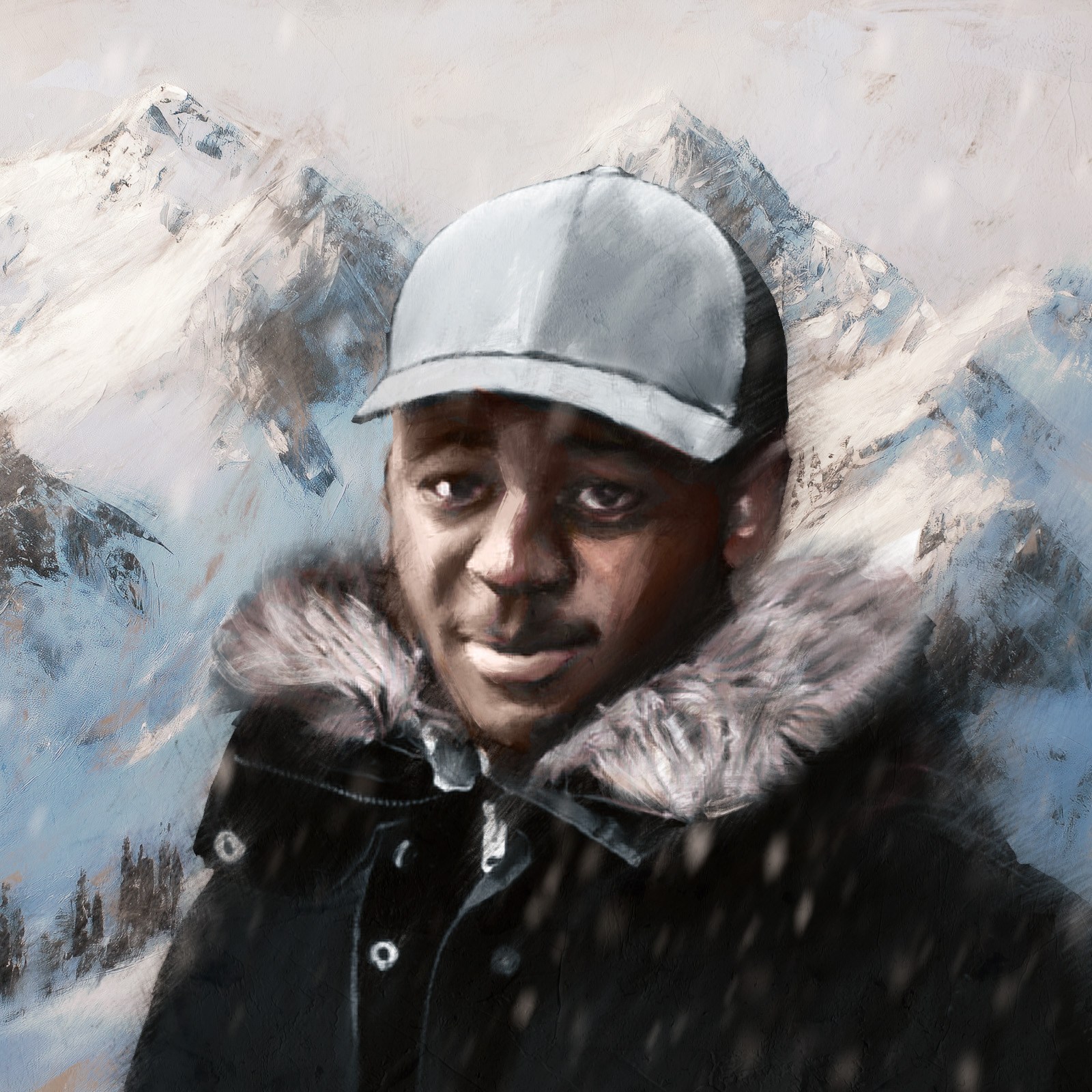 An illustration of a man standing in snow