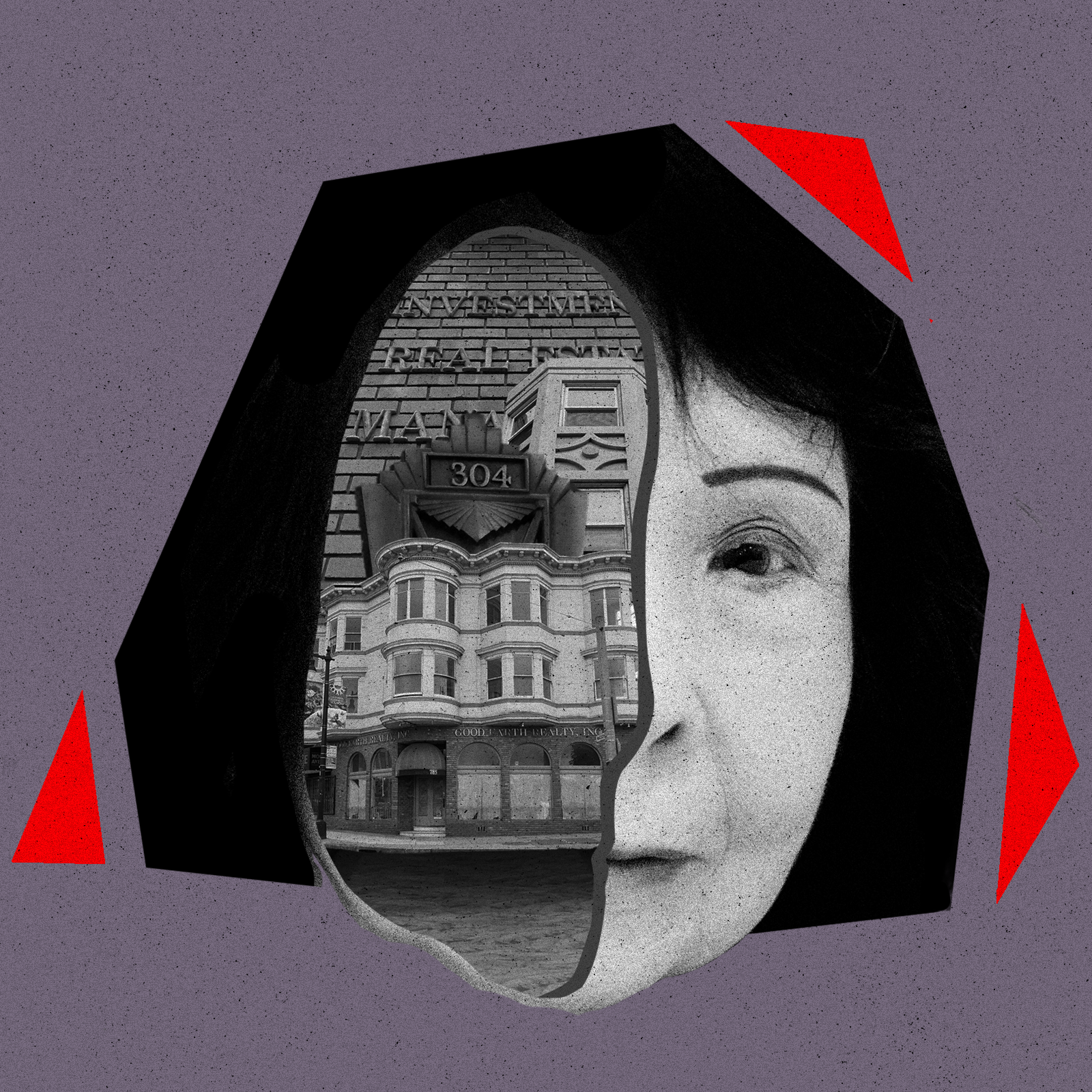 A photo illustration of a woman and a building