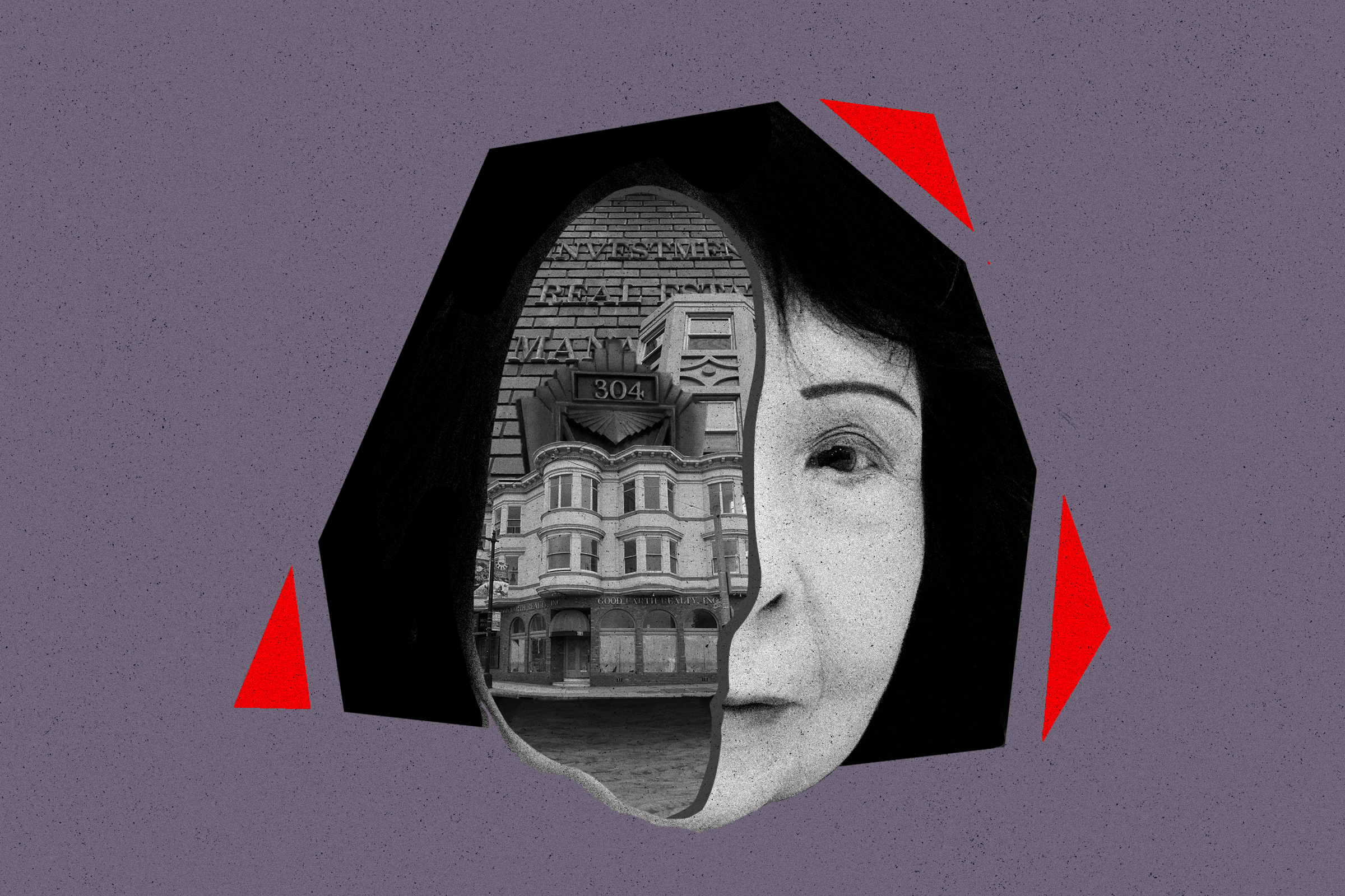 A photo illustration of a woman and a building