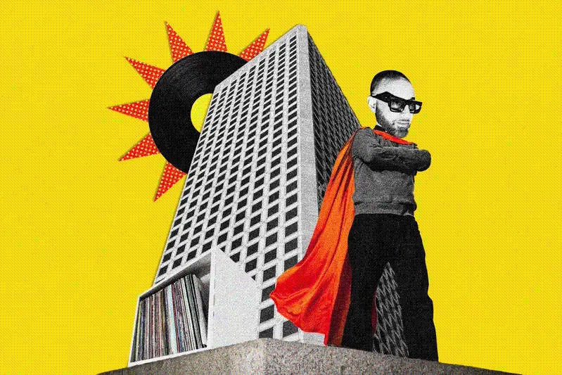 A person wearing sunglasses and a red cape stands confidently in front of a tall building against a bright yellow background. A vinyl record and sun rays are behind.