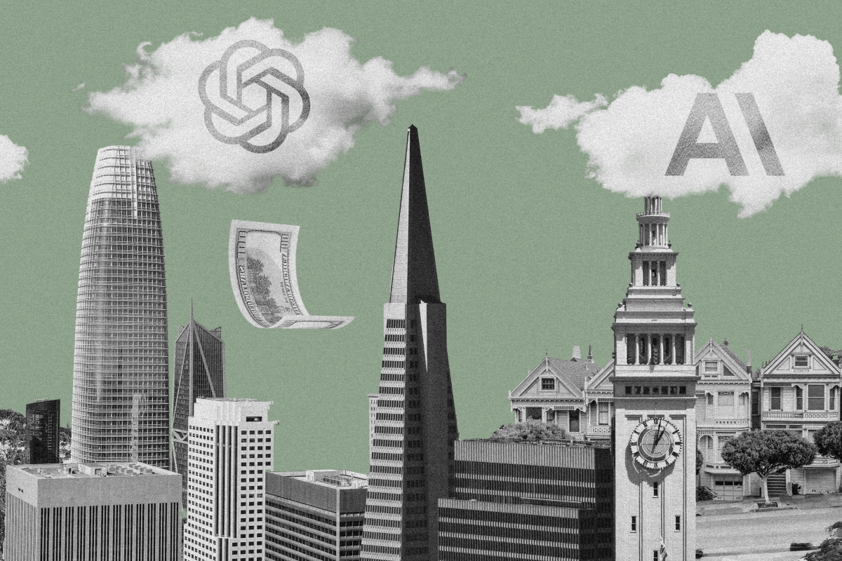 The image shows a collage of San Francisco buildings with clouds labeled "AI" and a logo. A floating dollar bill is also visible, set against a green background.