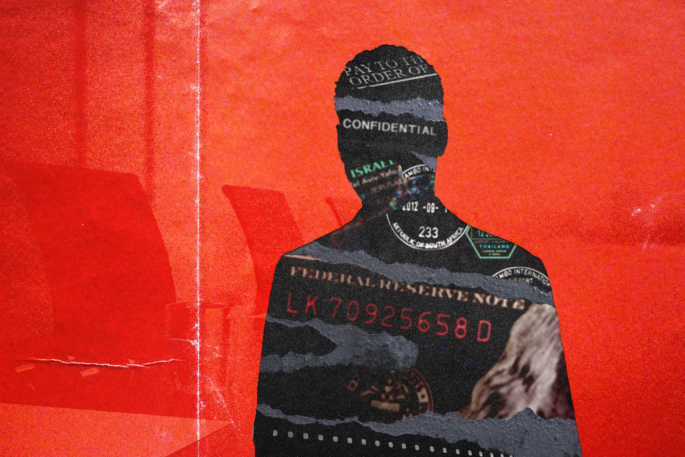 A silhouette of a person filled with various financial terms and symbols is set against a textured red background, conveying themes of secrecy and currency.