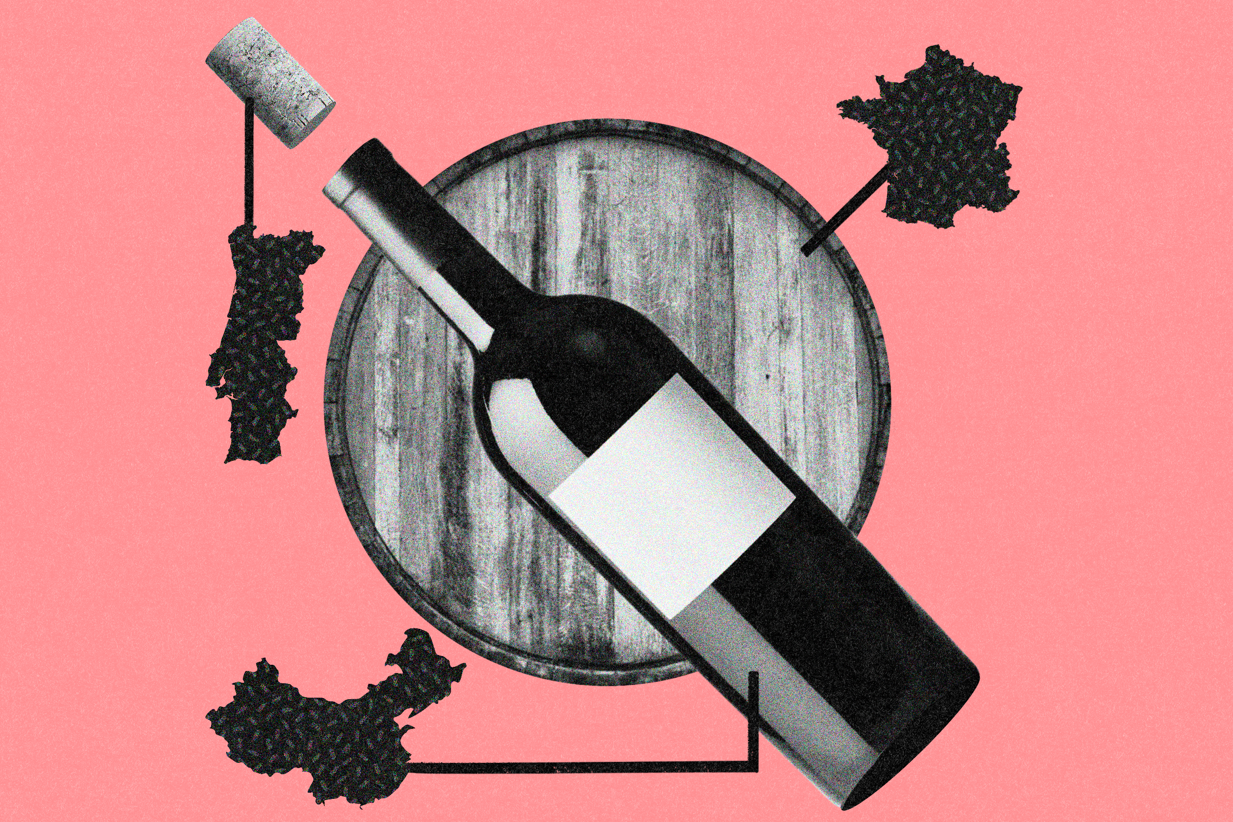 A wine bottle lies sideways over a wooden barrel on a pink background. Grapes and a cork are connected to the bottle with angular lines.