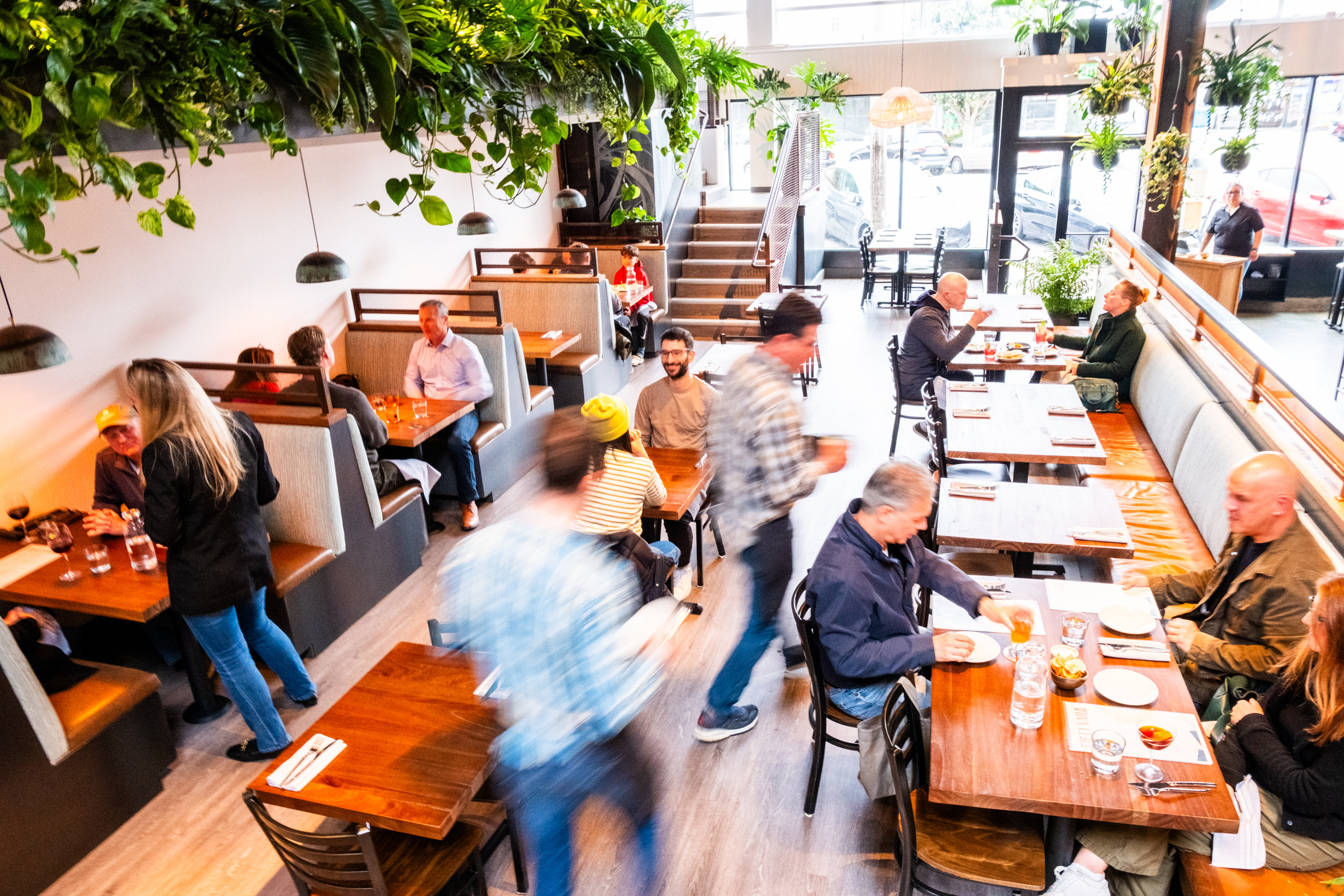 The image shows a bustling restaurant with people sitting at wooden tables, surrounded by lush greenery hanging from the ceiling, creating a lively atmosphere.