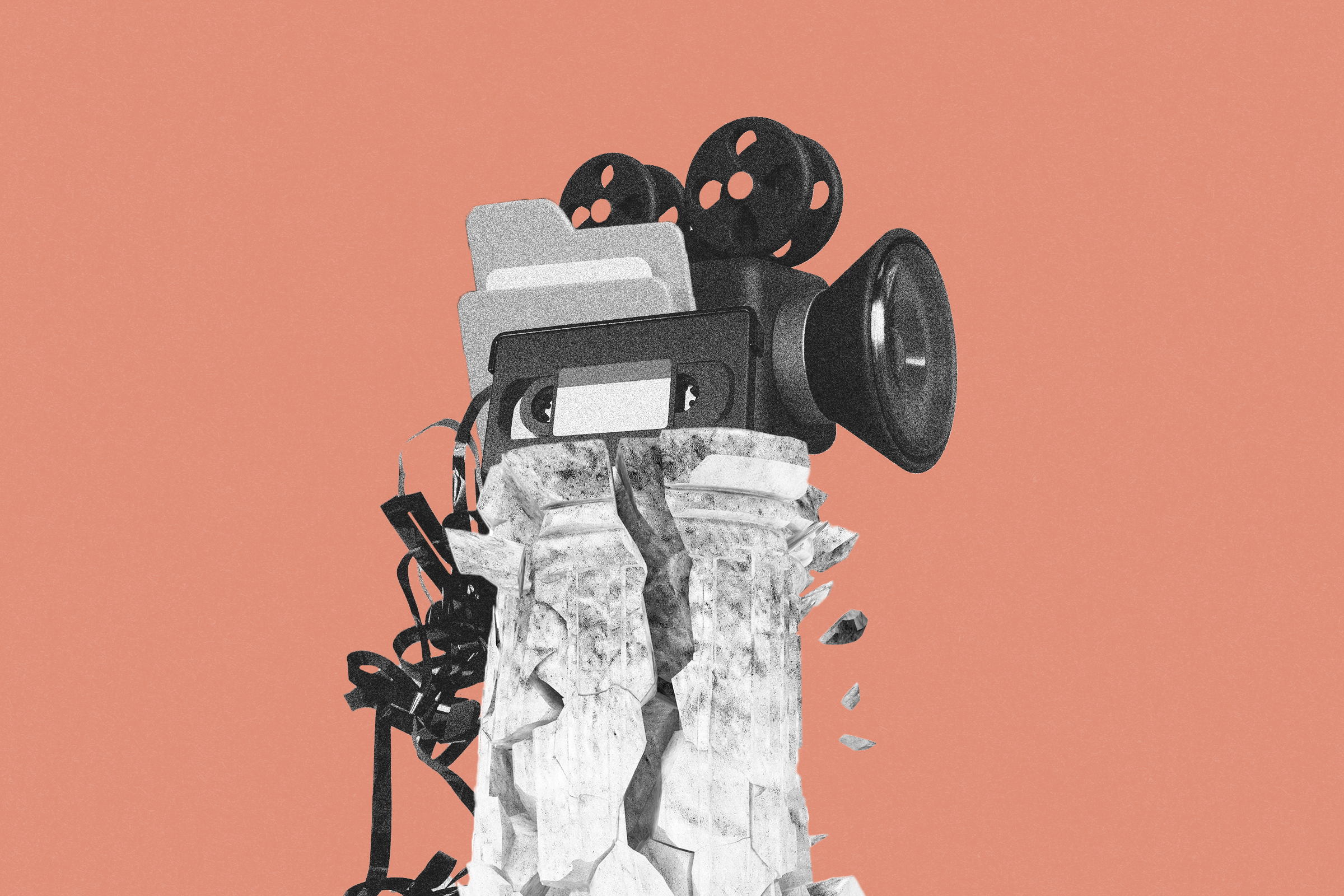 A vintage film camera atop a cracked marble pillar, with film reels and tangled tape against a peach background, creating a nostalgic, abstract scene.