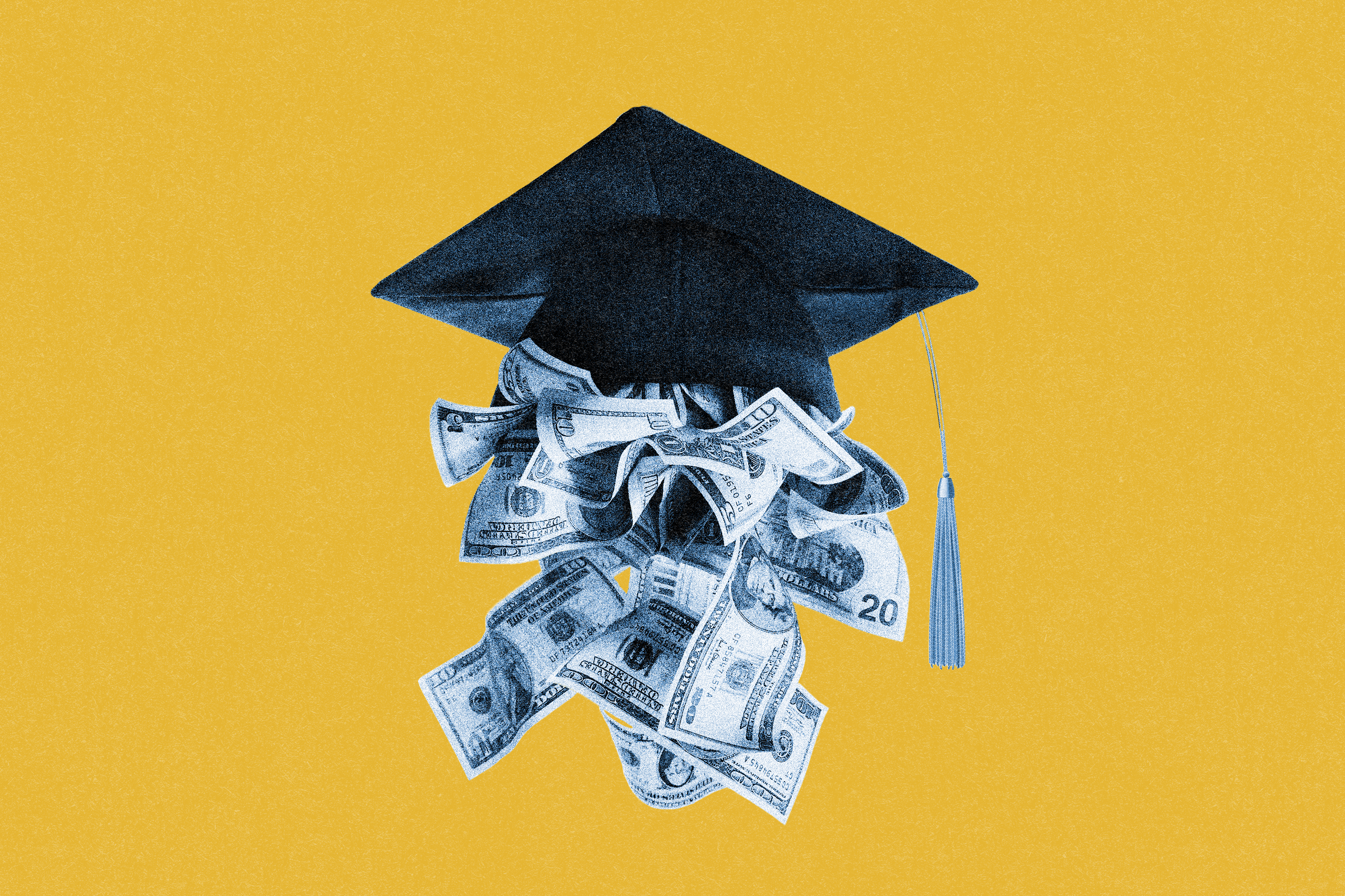A graduation cap with paper currency flowing from beneath the mortarboard sits against a yellow background, symbolizing the cost of education.