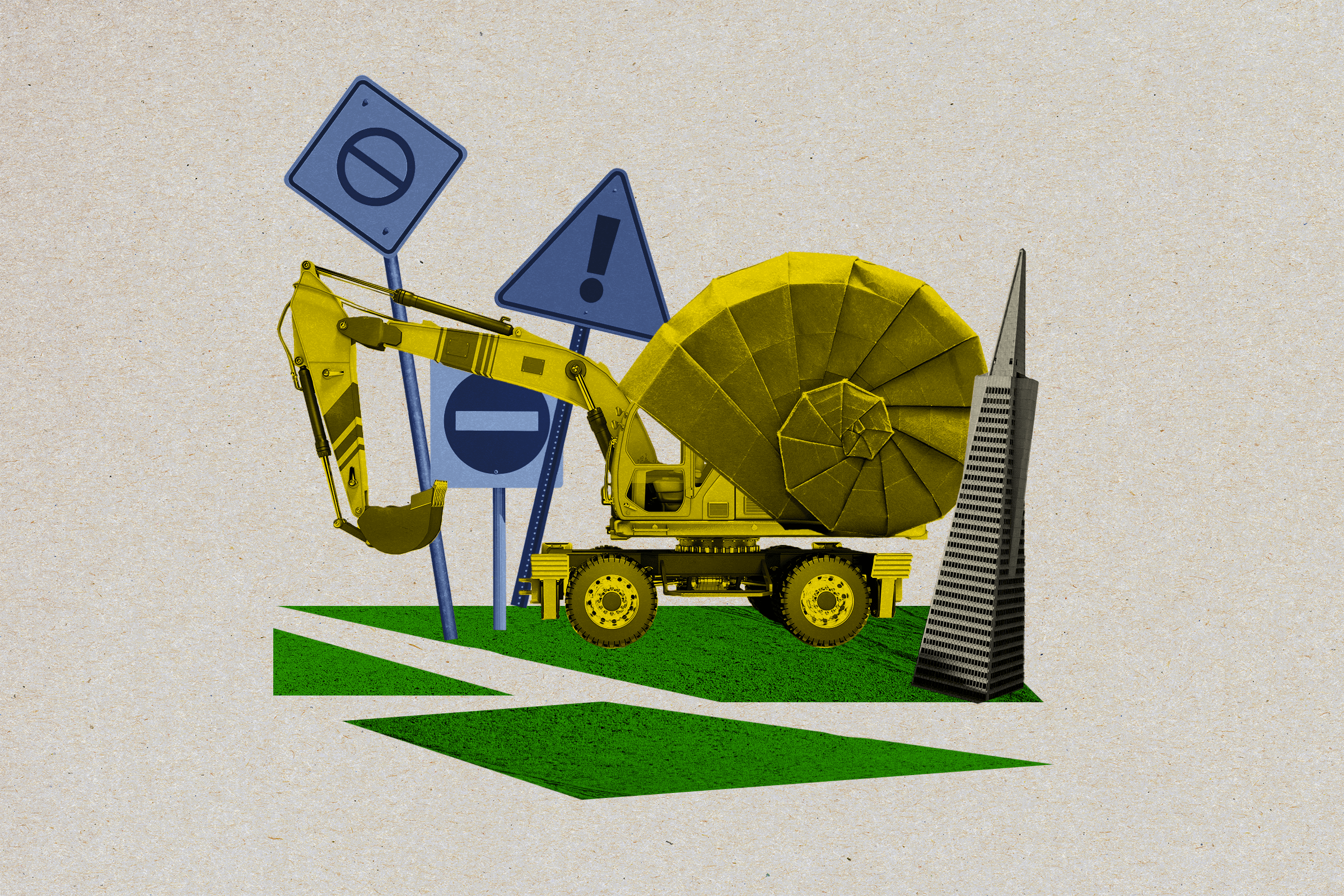 A yellow excavator with a snail shell on its back is next to blue road signs and a tall, thin building. It's on a patch of green grass with geometric paths.