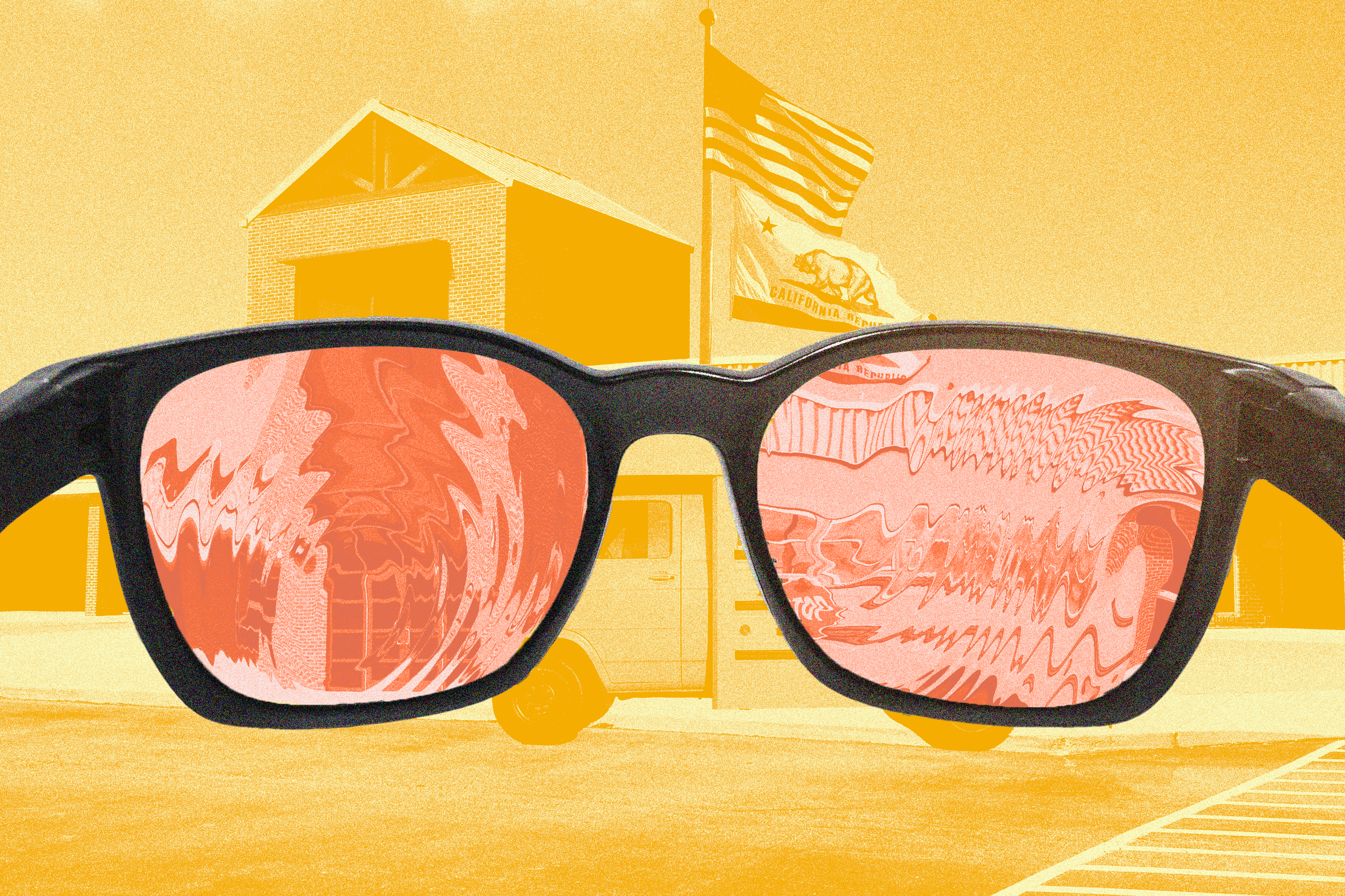 The image shows sunglasses with distorted, colorful lenses. In the background, a building and a waving California flag are visible in a warm, orange hue.