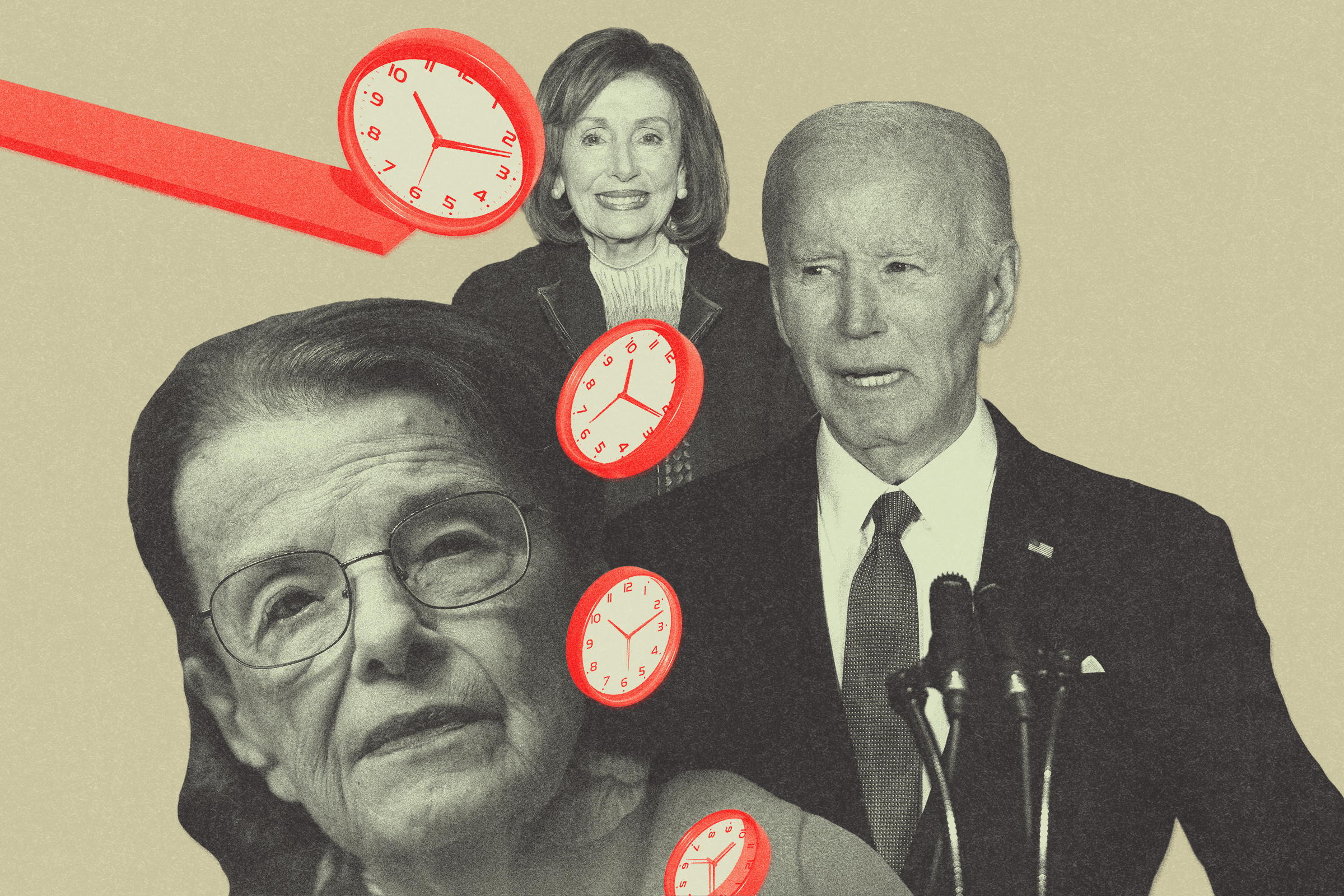 The image shows three prominent figures overlaid with multiple red clocks, conveying a theme of time or urgency.