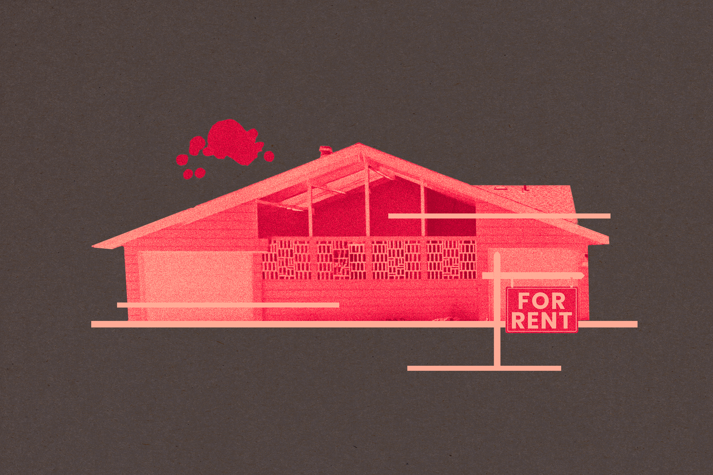 A pink-toned image of a house with a "For Rent" sign, featuring abstract elements and lines, set against a dark background.