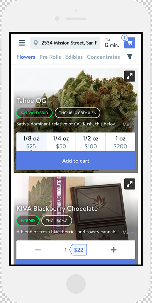 The image shows a mobile app with cannabis products for sale. It features &quot;Tahoe OG&quot; and &quot;KIVA Blackberry Chocolate,&quot; with prices and THC content listed.