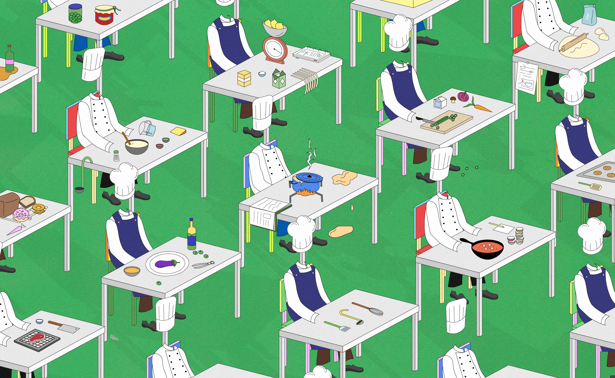 An illustration of chefs sitting at desks