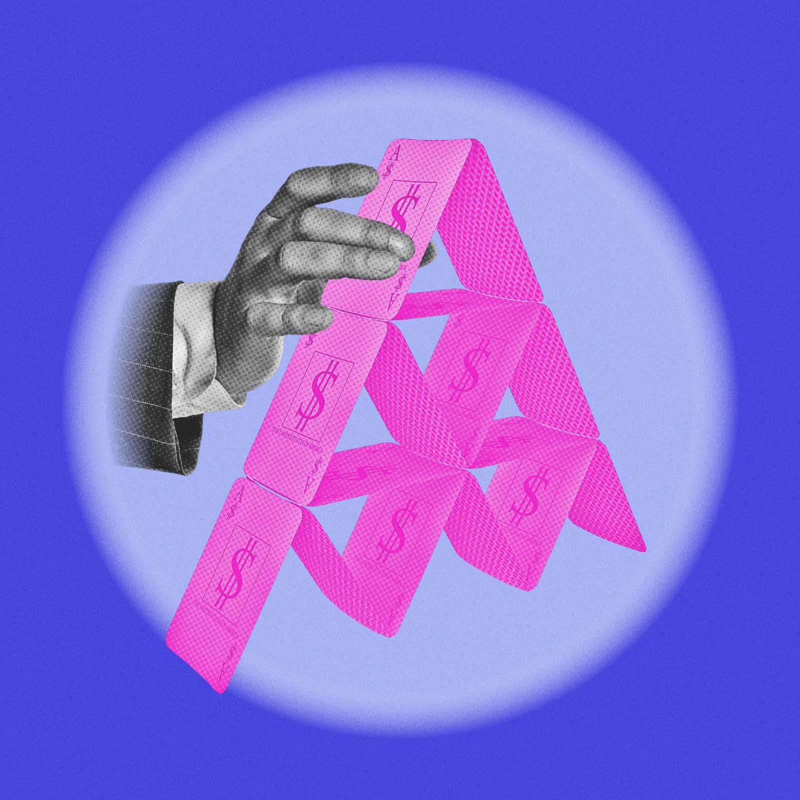 A photo illustration depicting a hand pulling a stack of cards
