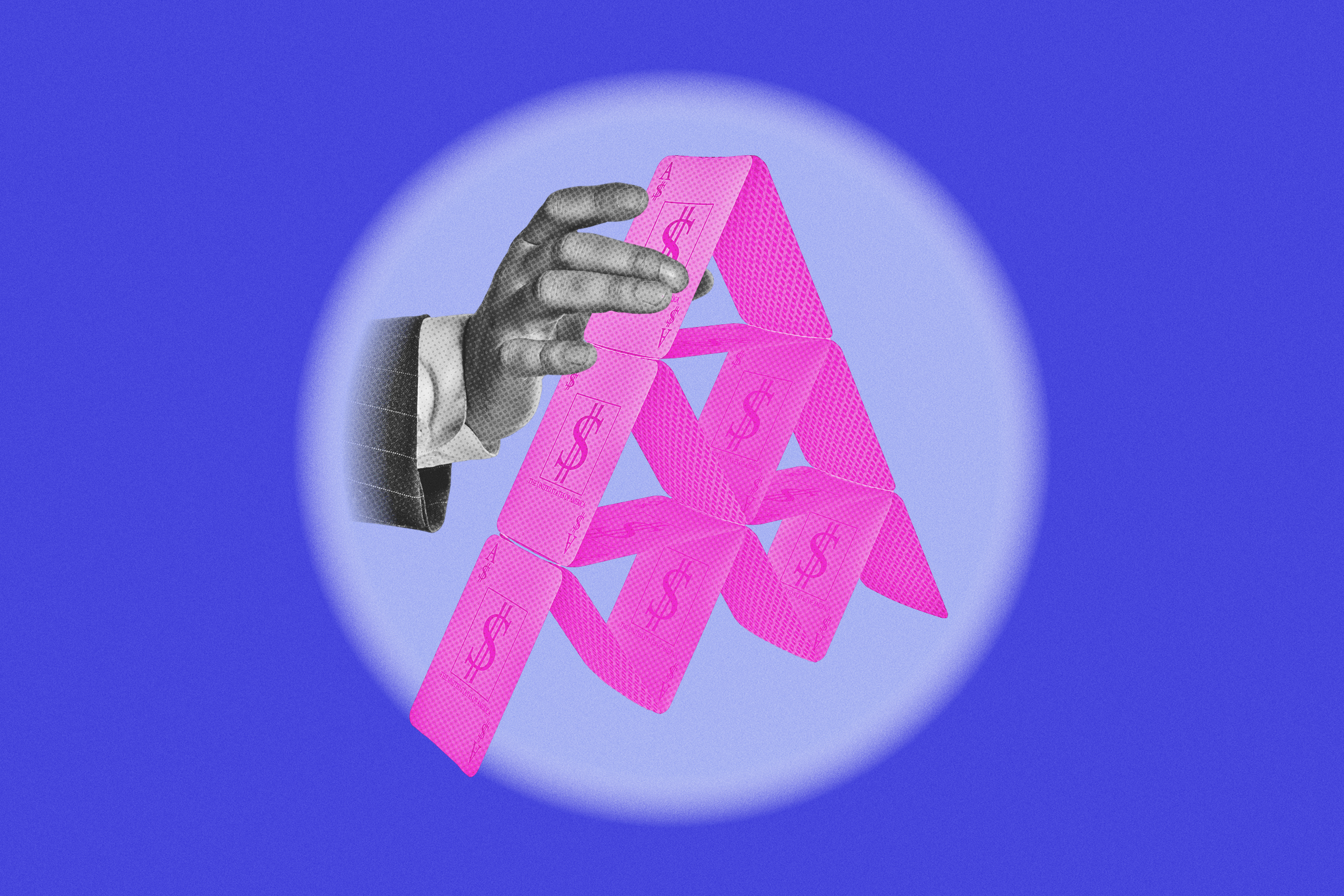 A photo illustration depicting a hand pulling a stack of cards