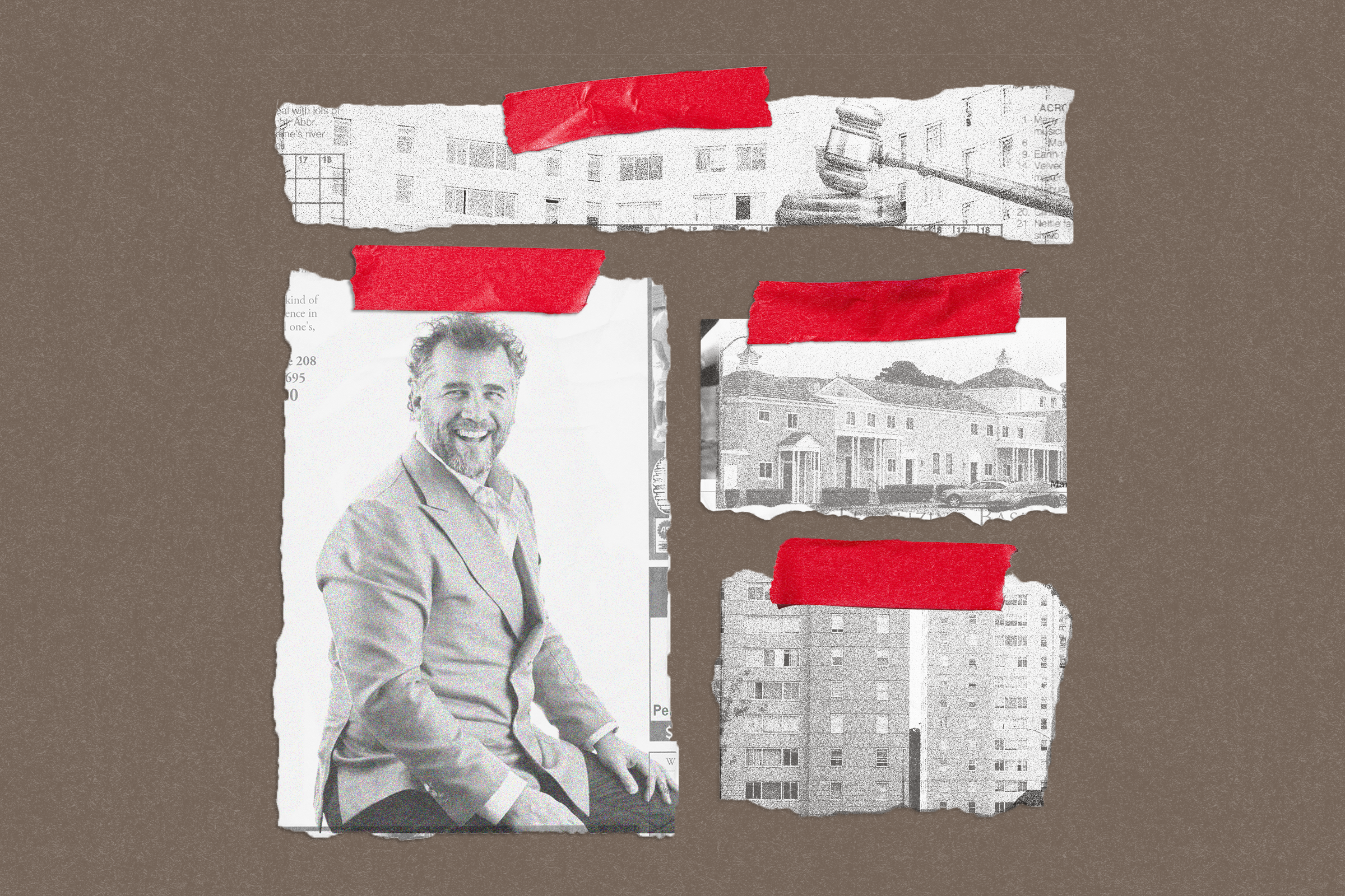 The image shows torn newspaper clippings with red tape. A confident man wearing a suit is pictured, alongside photos of buildings and a gavel.