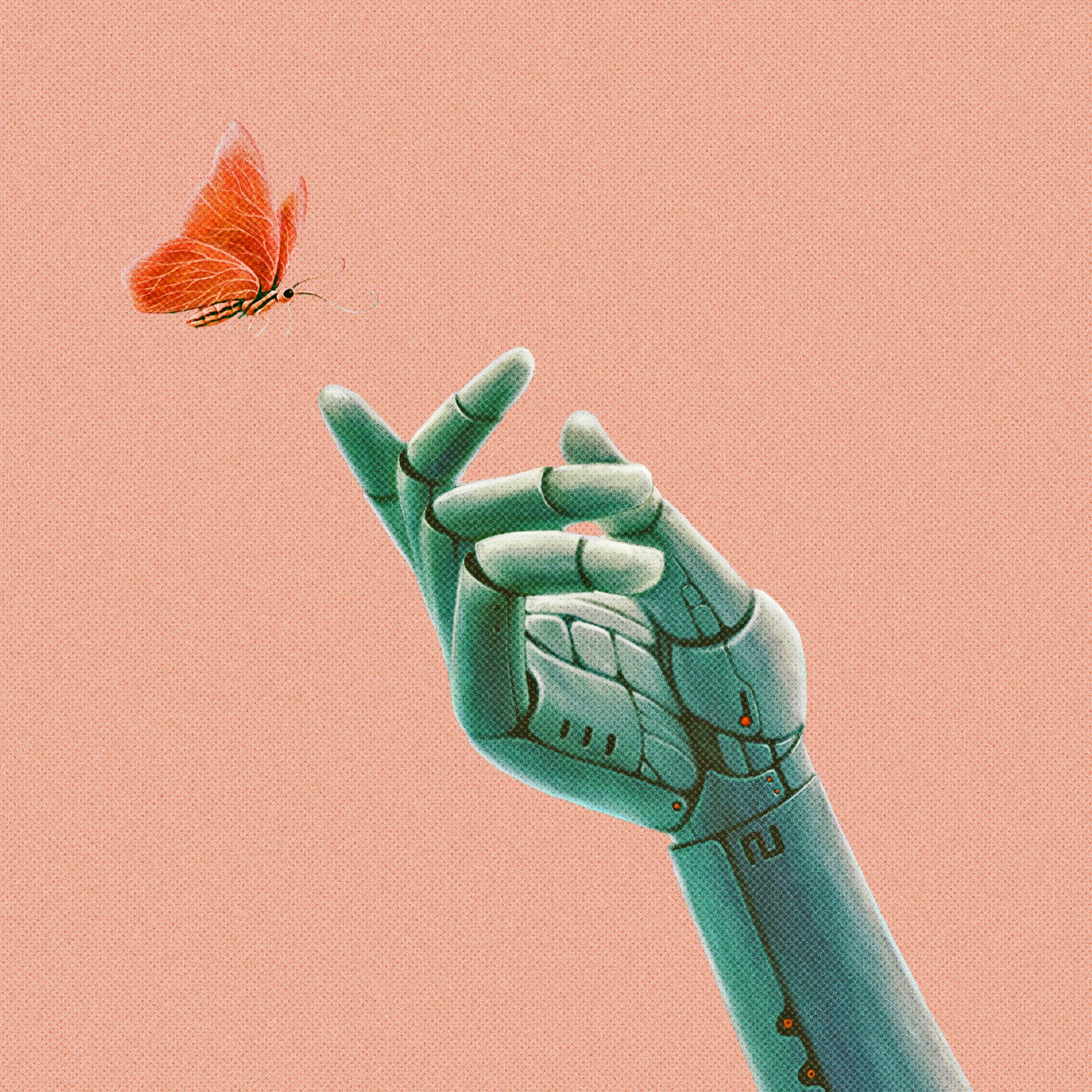 A robot hand reaching out to a butterfly