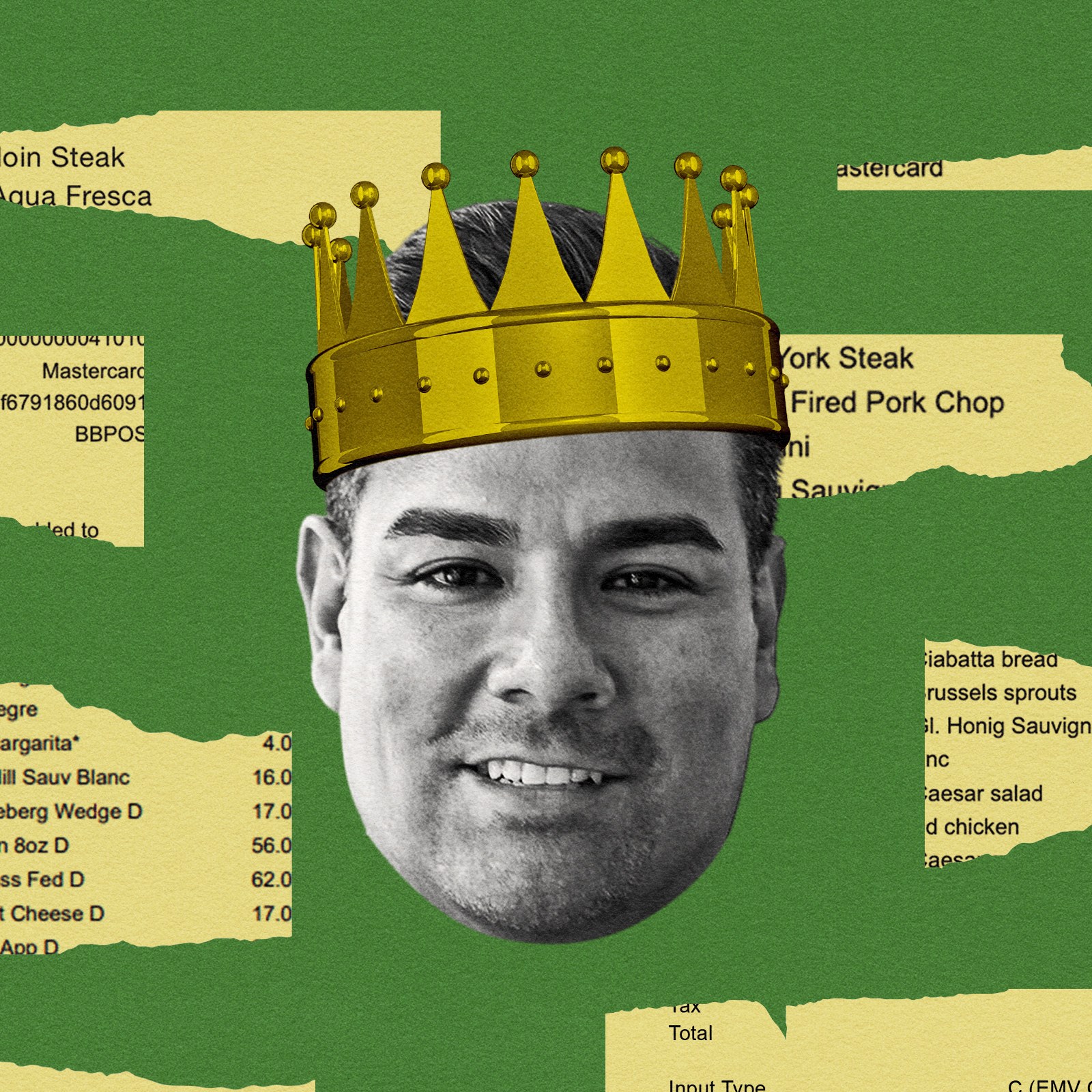 A black-and-white face wearing a gold crown is surrounded by green and yellow torn pieces resembling restaurant receipts.