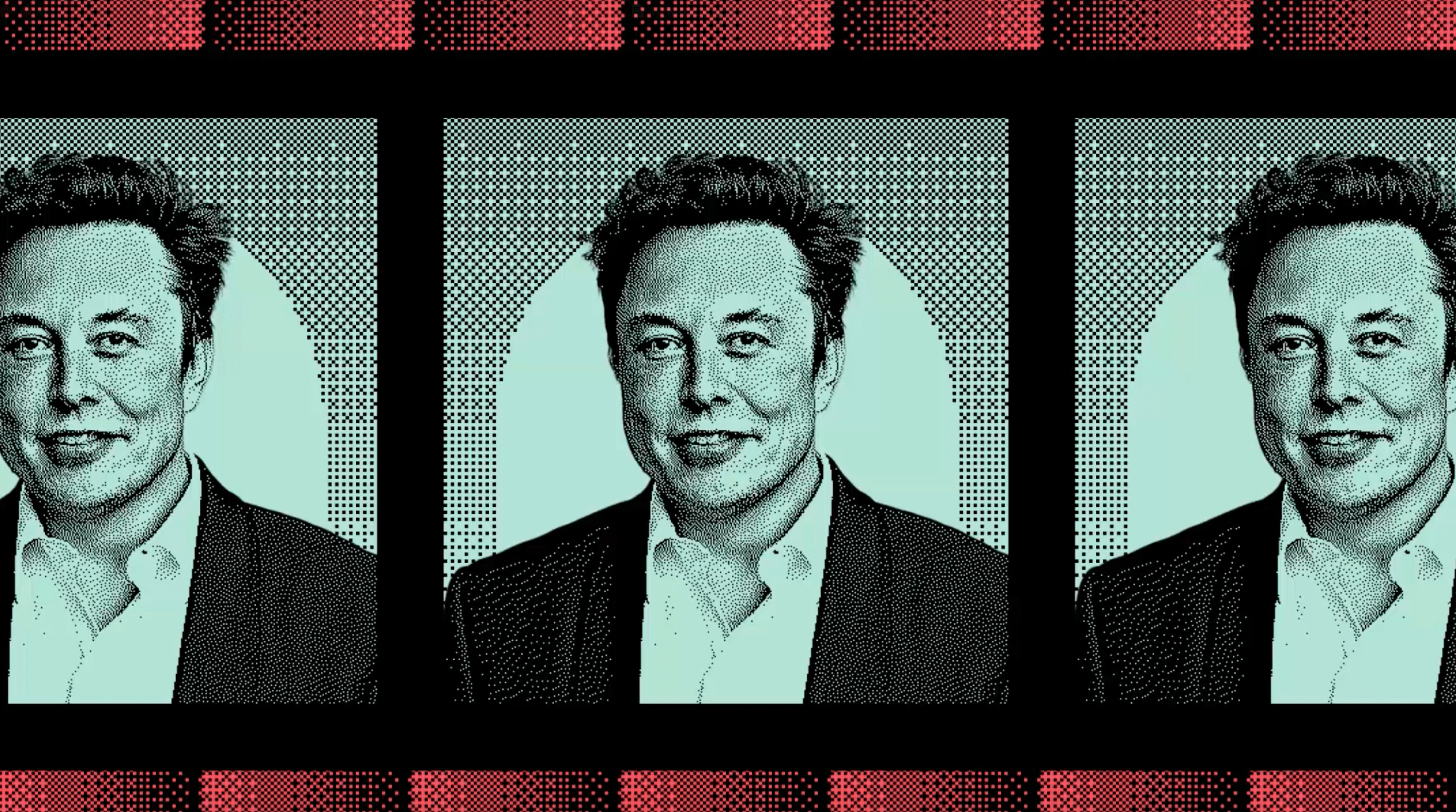 The image shows a digitally stylized triptych of the same person in a suit and open-collared shirt against a blue-green background, framed by a red and black border.