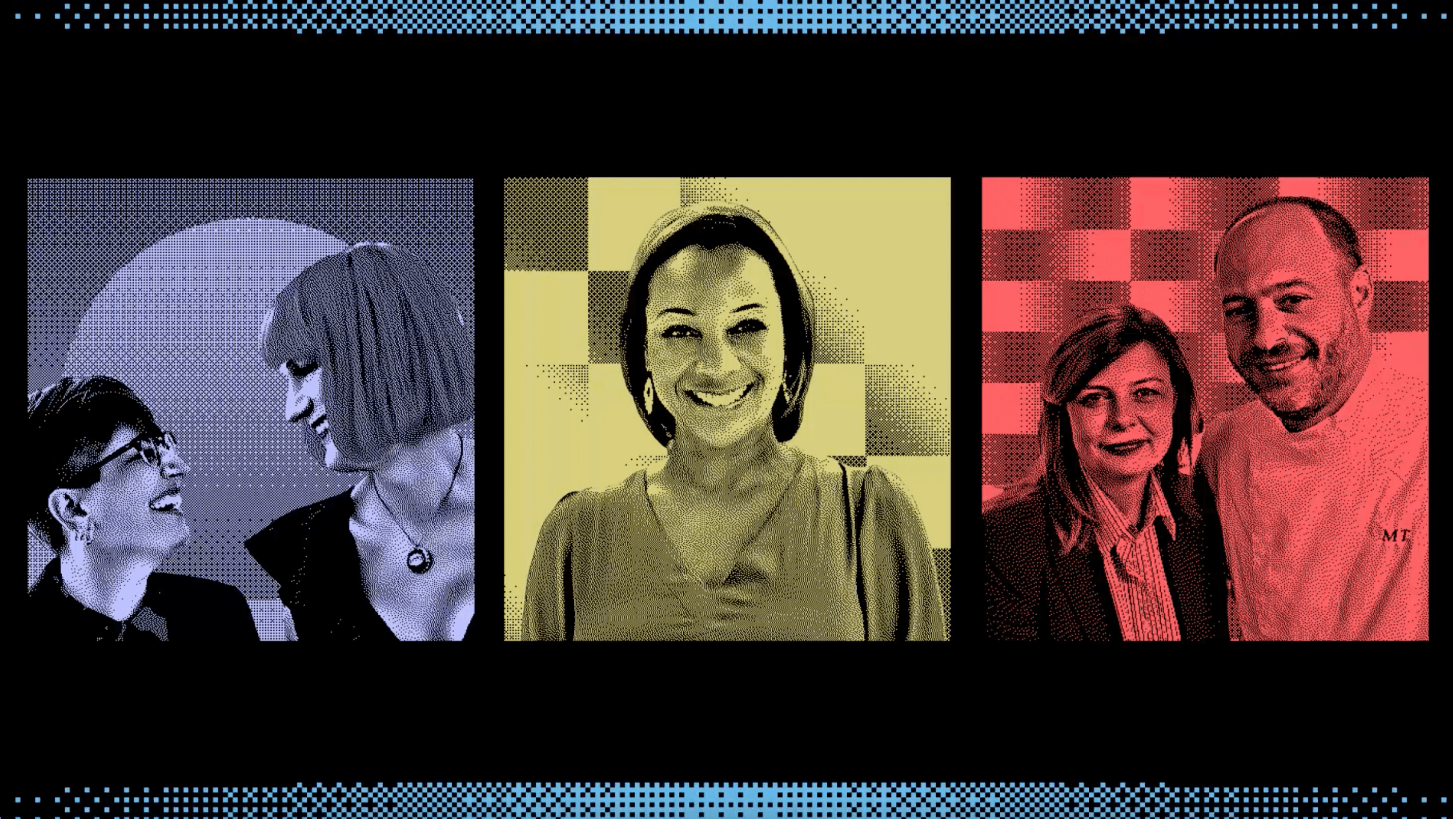 The image shows three portraits: two smiling people in purple, a woman smiling in yellow, and a pair smiling against a red, checkered background.