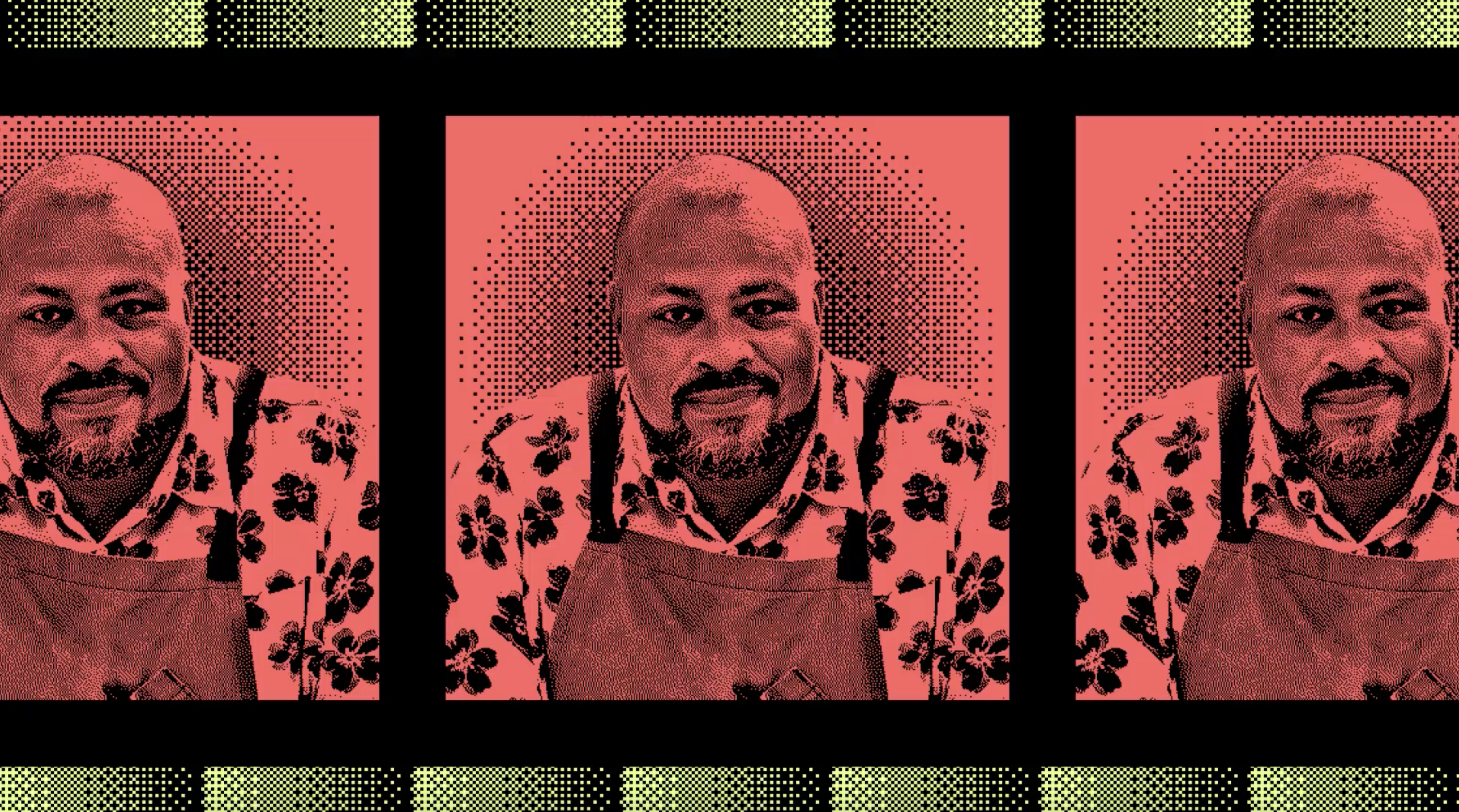 The image features a repeated pattern of a man smiling, wearing a floral shirt and apron. The background is a red halftone design, creating a pop art effect.