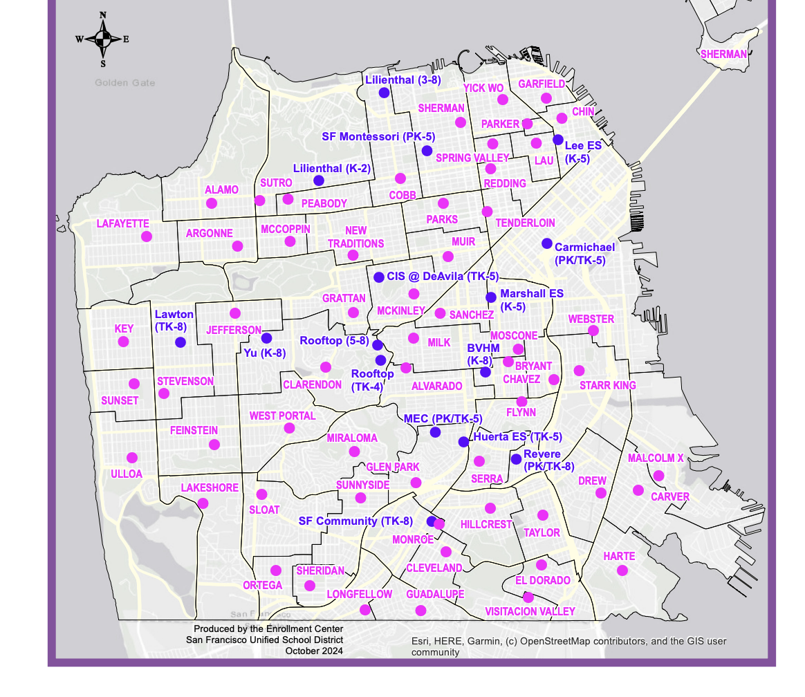 The image is a map of San Francisco, showing school locations. Schools are marked with purple and blue dots, with names and grade levels indicated beside them.