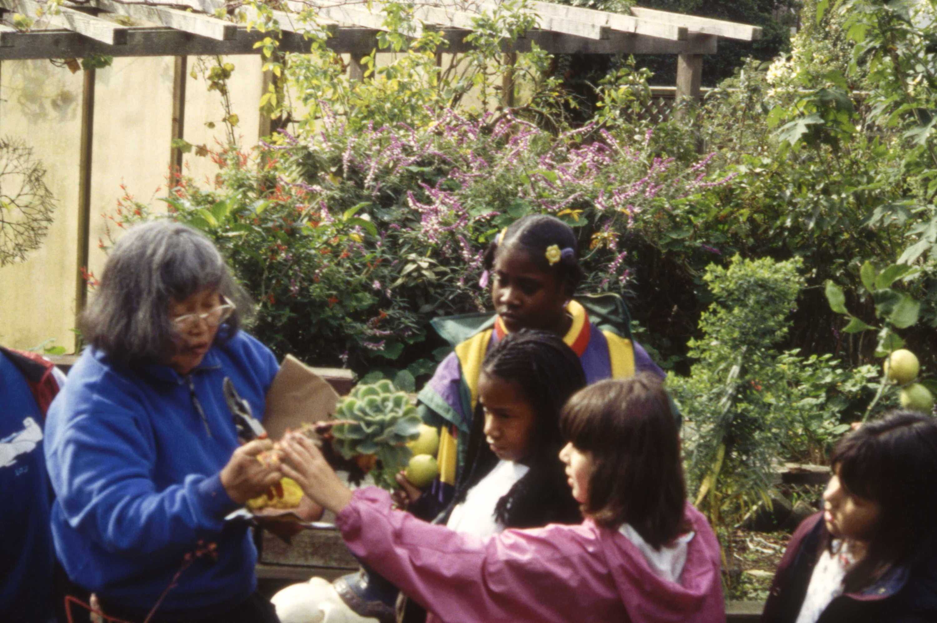 A woman in a blue jacket shows a group of children plants and fruit in a lush garden. The background features vibrant, blooming flowers and greenery.