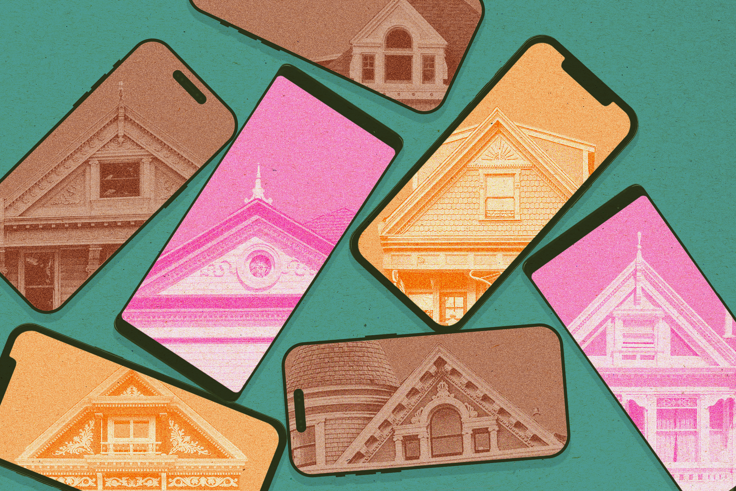 The image shows several smartphone screens displaying images of Victorian house architectural details in various colors against a teal background.