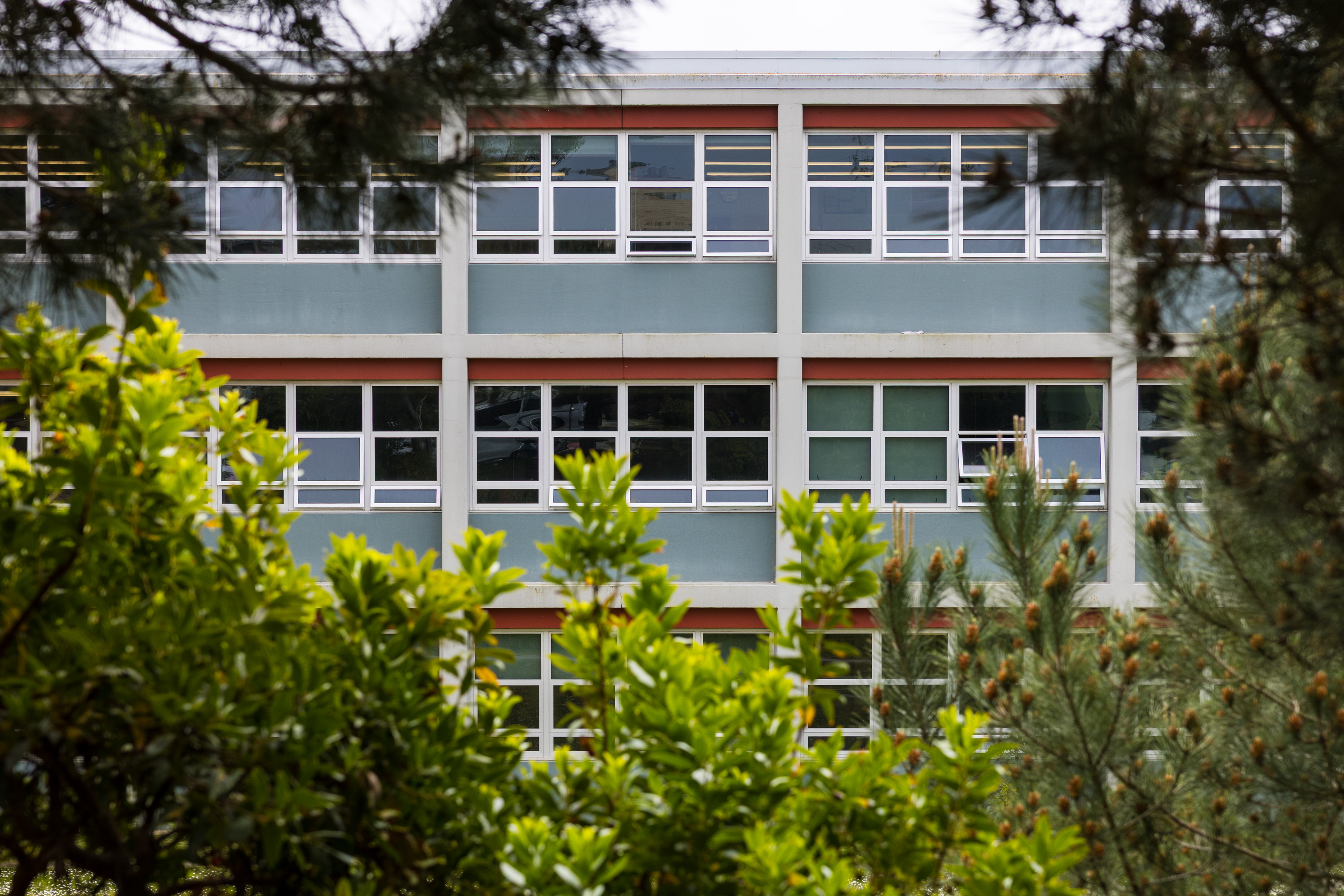 The image shows a multi-story building with large rectangular windows, framed by leafy green trees in the foreground, suggesting a school or office.