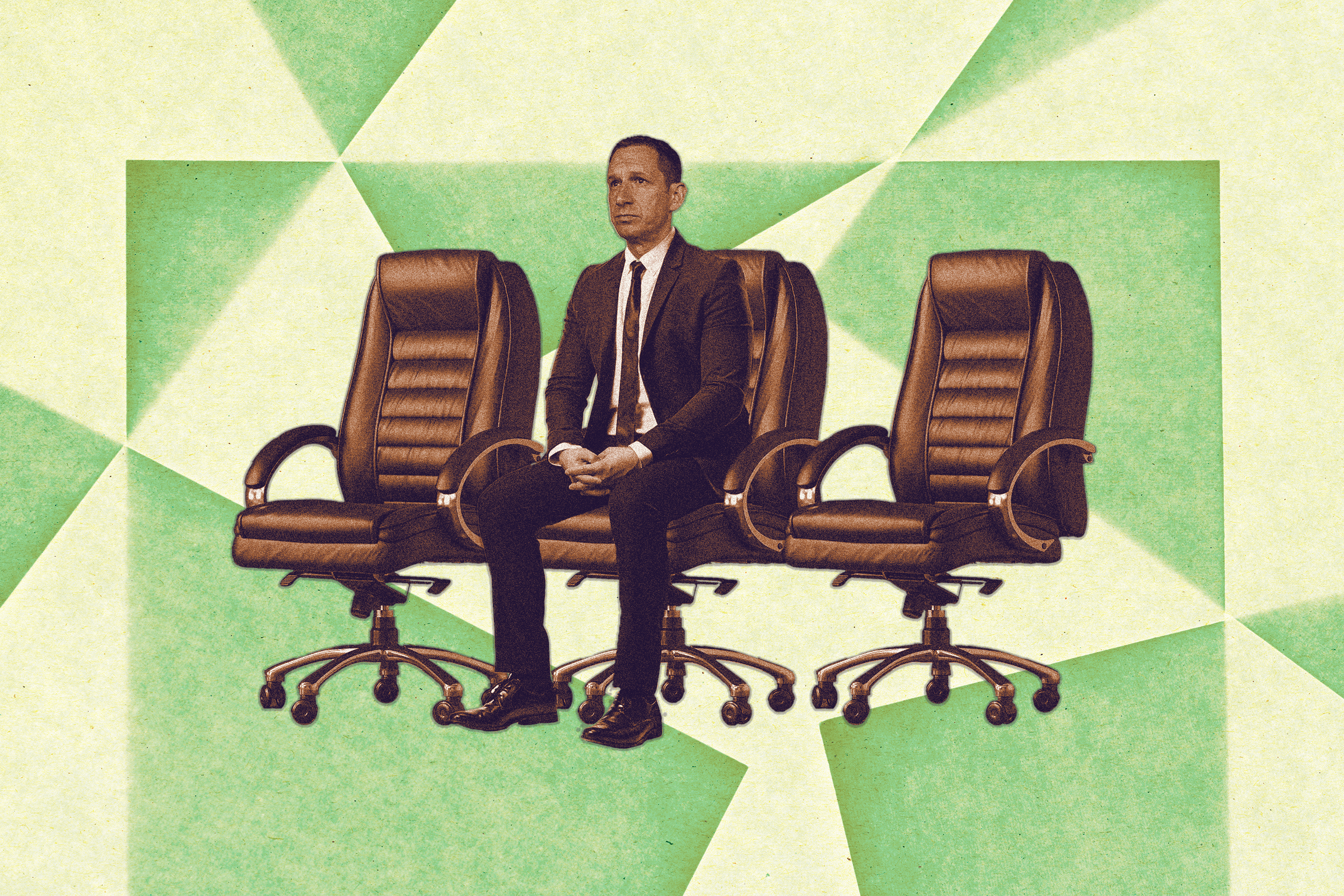 A suited man sits on one of three black office chairs against a geometric green and cream background. The scene has a surreal, collage-like appearance.