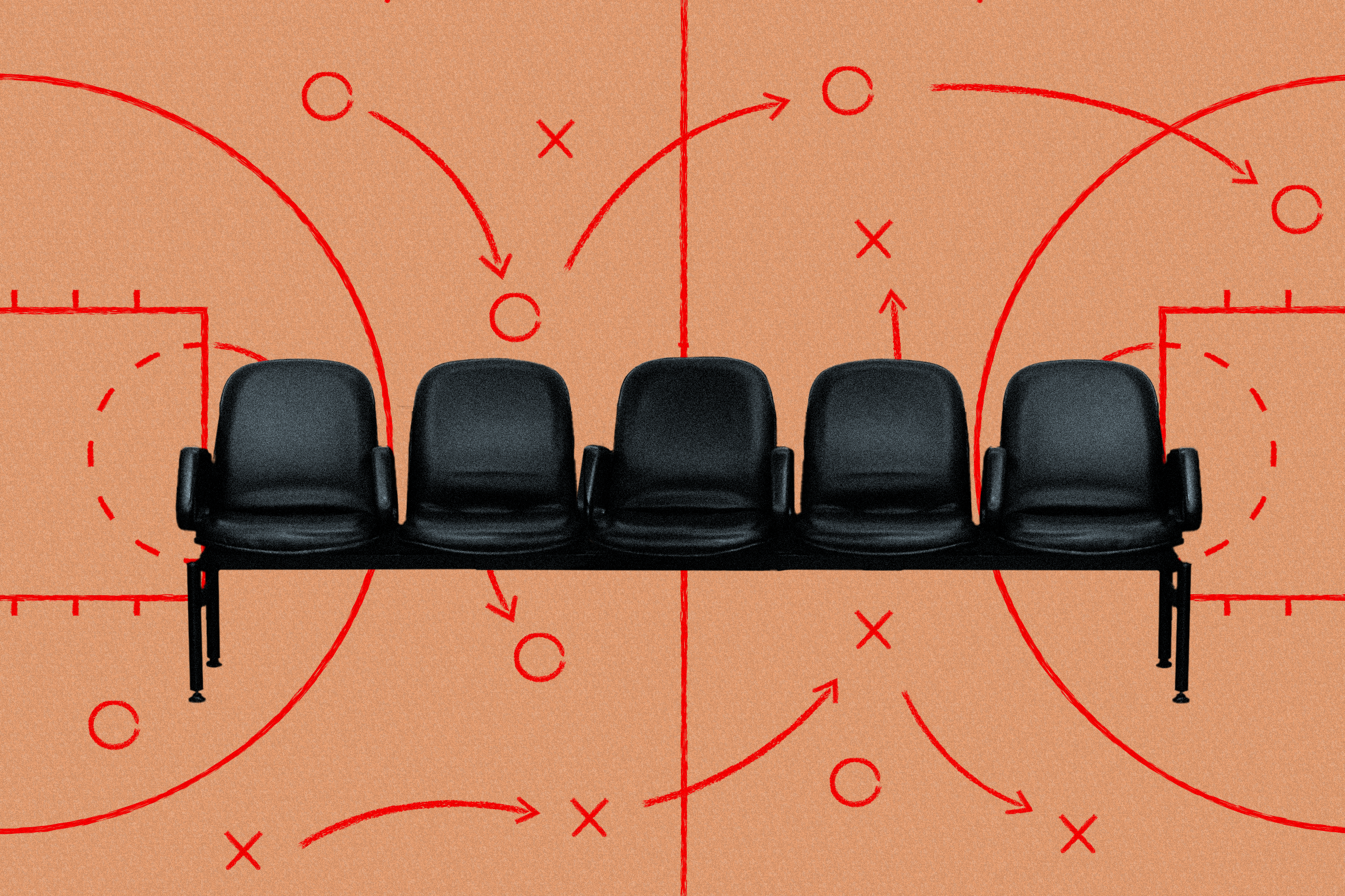 Four black chairs are lined up in front of a sports play diagram with red lines, arrows, and circles on a beige background.