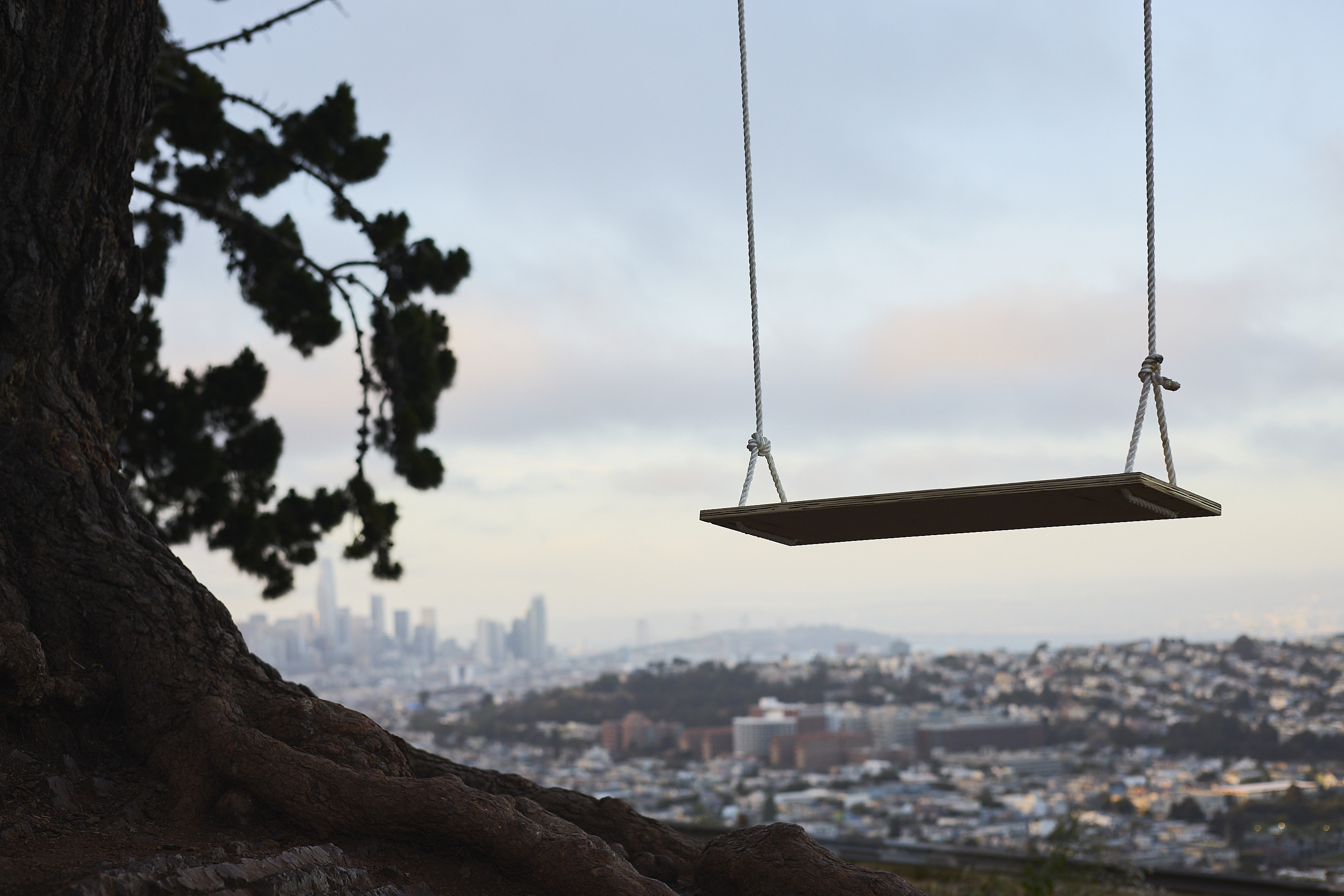 A simple swing hangs from a tree branch in the foreground, with a city skyline and soft clouds visible in the blurred background.