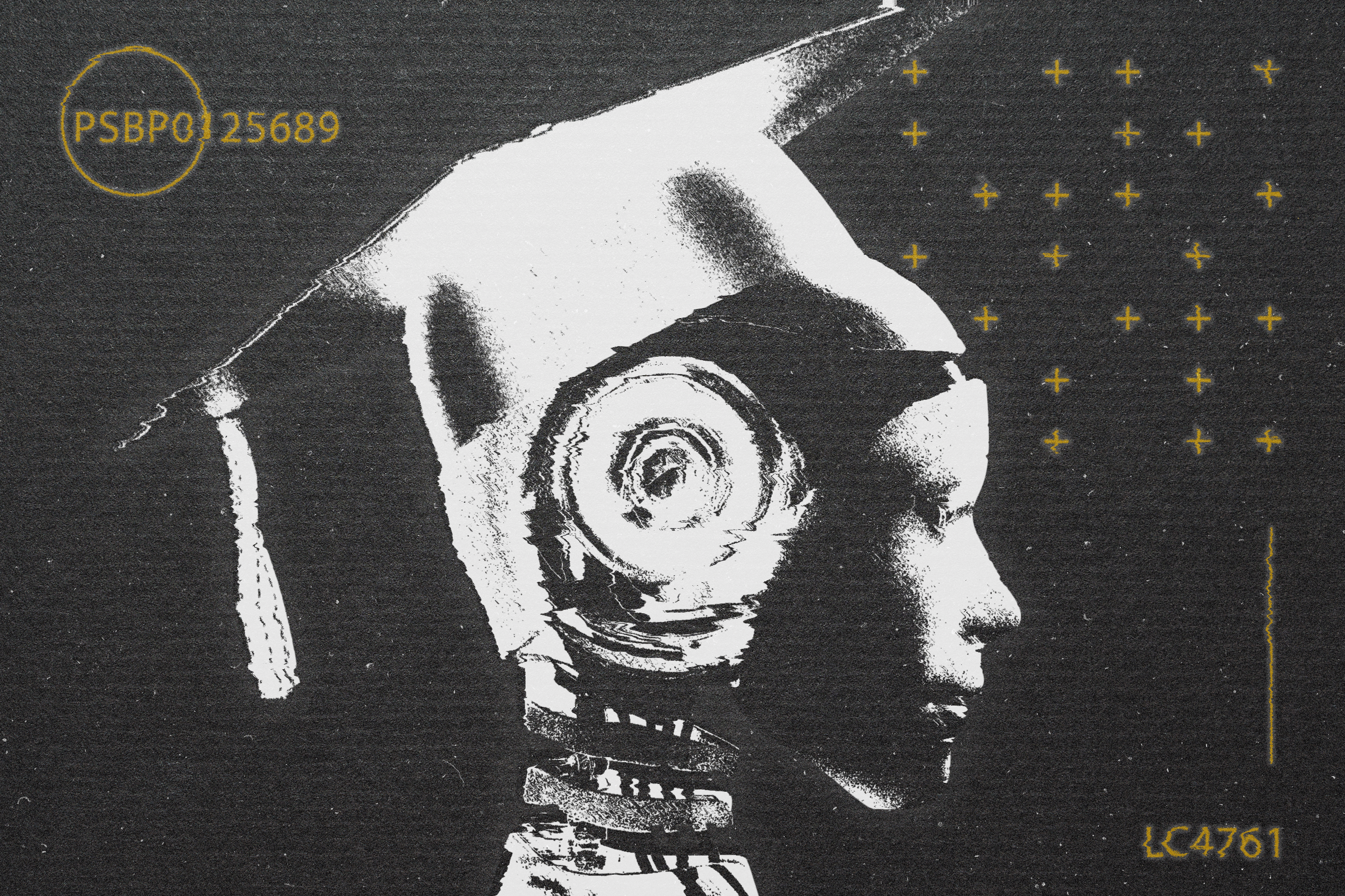 A grayscale image of a robot with a graduation cap, featuring circuit-like details and numbers "PSBP0125689" and "LC4761" in yellow with stars in the background.