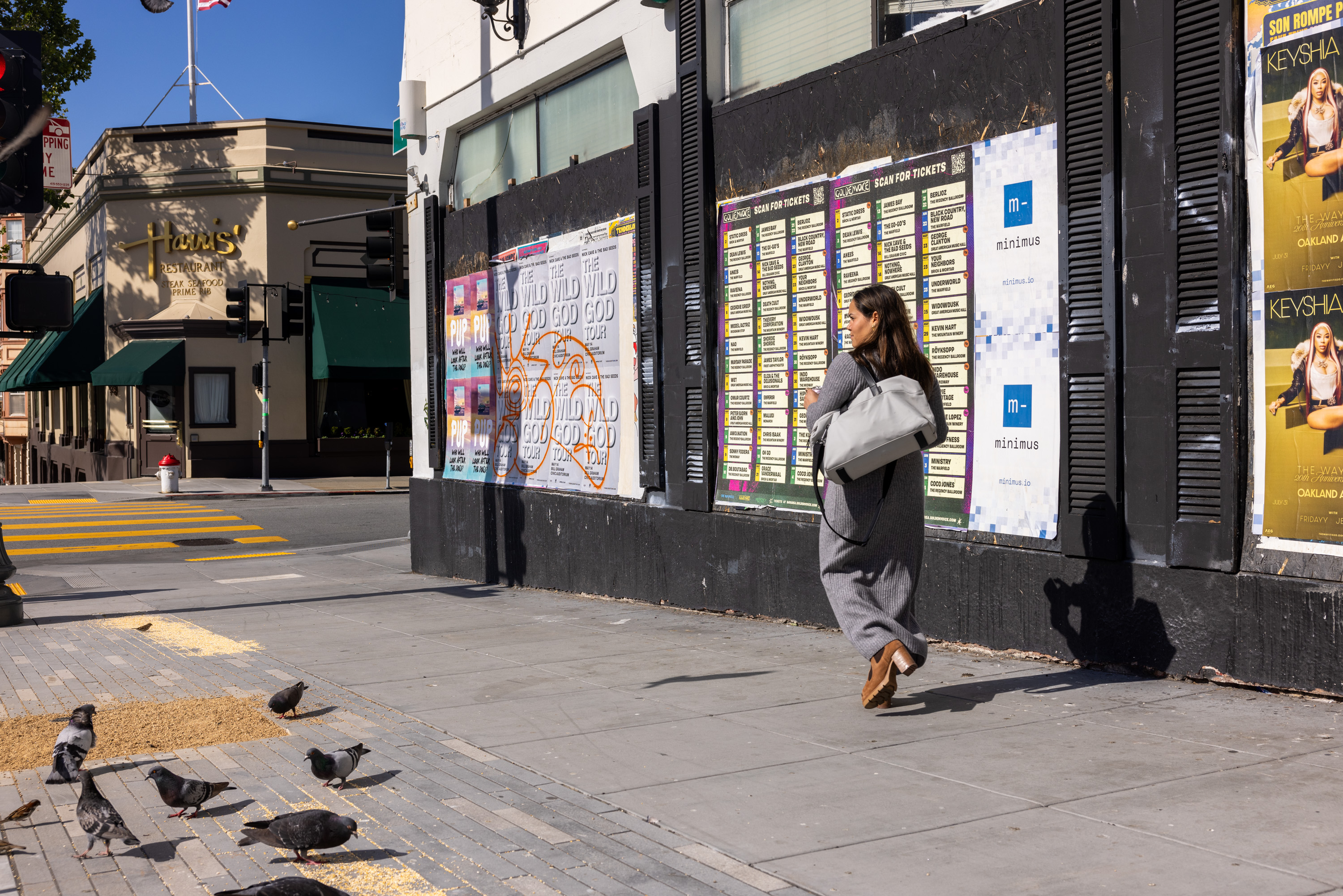 A woman in a long gray coat walks past a wall plastered with posters. Pigeons feed on the sidewalk, and a restaurant with green awnings is in the background.