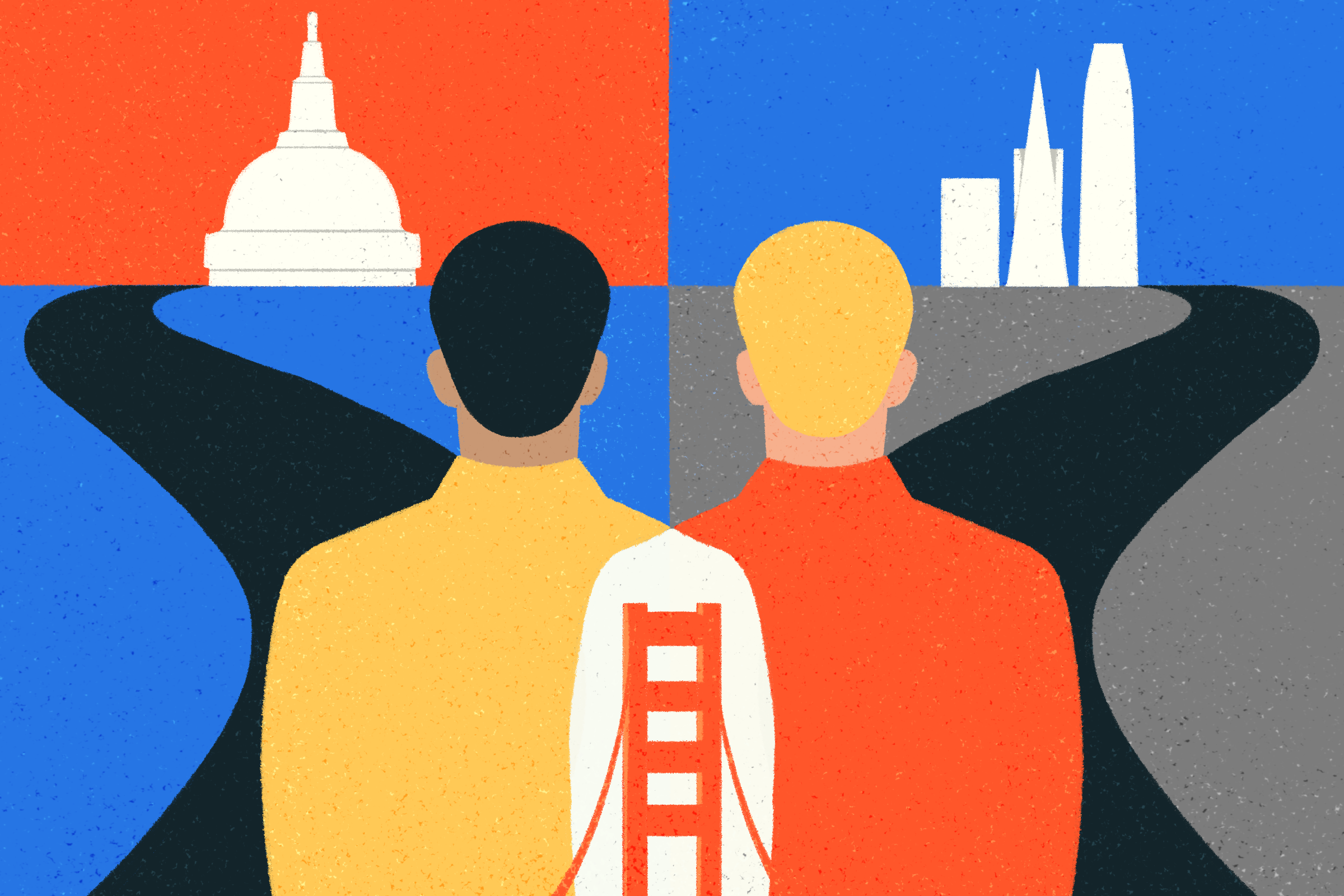 Two people, one in yellow and one in red, stand back-to-back. A split background shows the Capitol dome and skyscrapers, with roads leading to each.