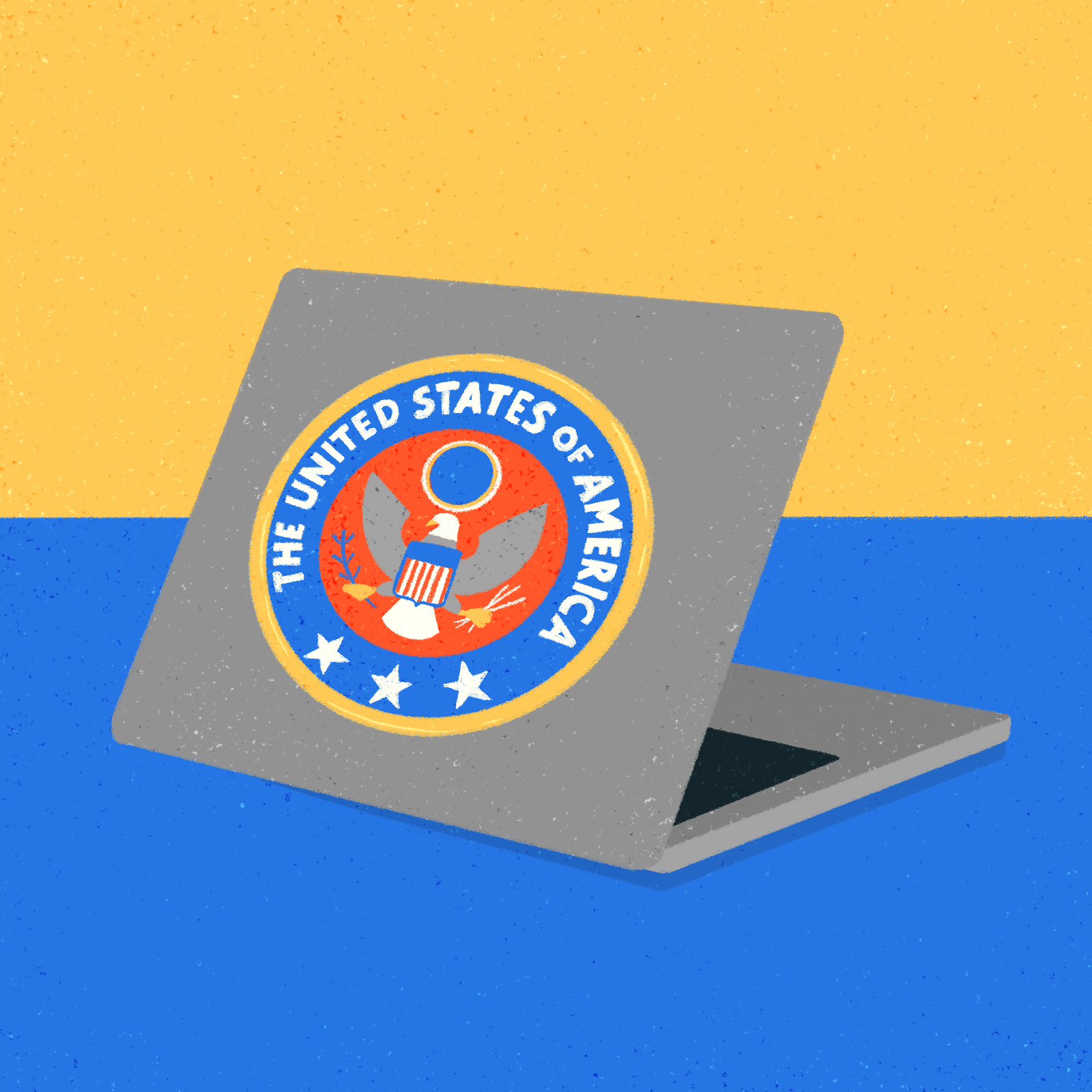 A gray laptop displays a seal with an eagle, stars, and &quot;The United States of America&quot; text. The background has a yellow and blue color split.