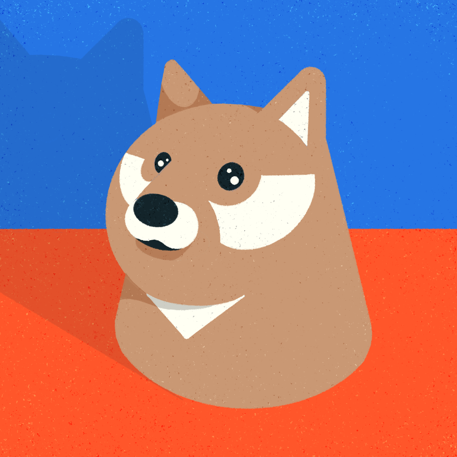 A brown cartoon dog with a white face and wide eyes floats against a red and blue background, casting a subtle blue shadow.