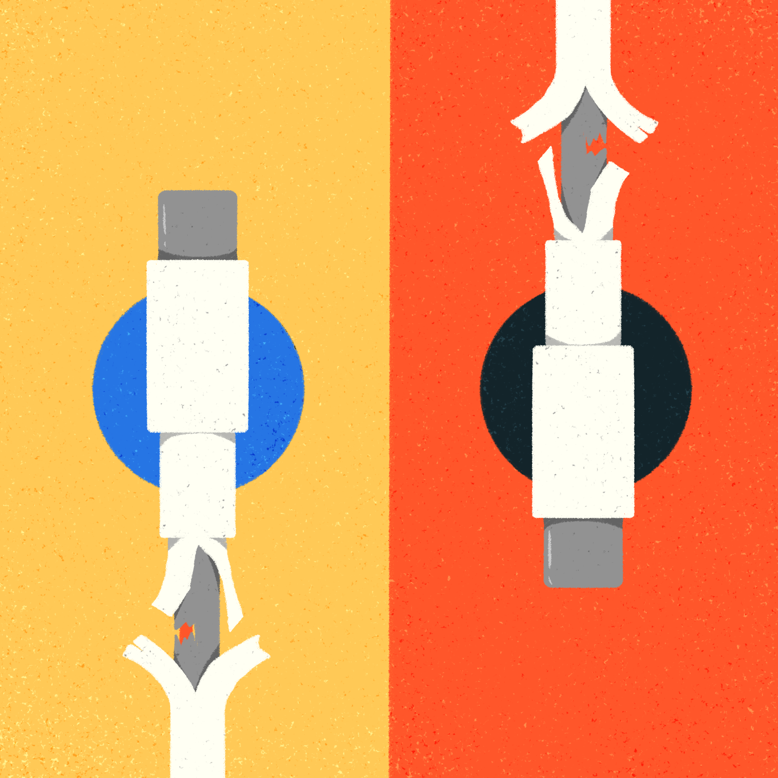 The image shows two charger cables with damaged ends, revealing frayed wires. The background is split into yellow on the left and orange on the right.